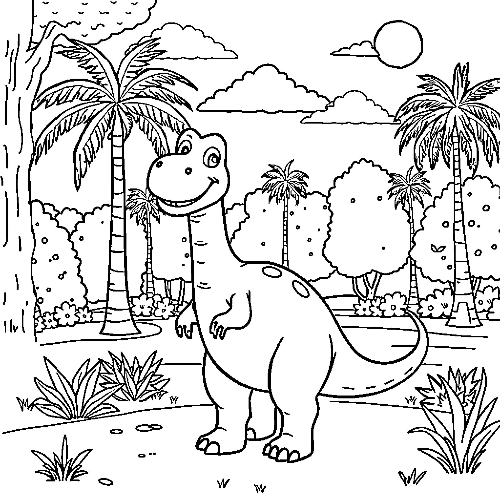 Dino playing happily in a tropical landscape Coloring Page (free black-and-white line drawing printable PDF for all, from beginners to advanced learners, including children, teens, adults, and seniors)
