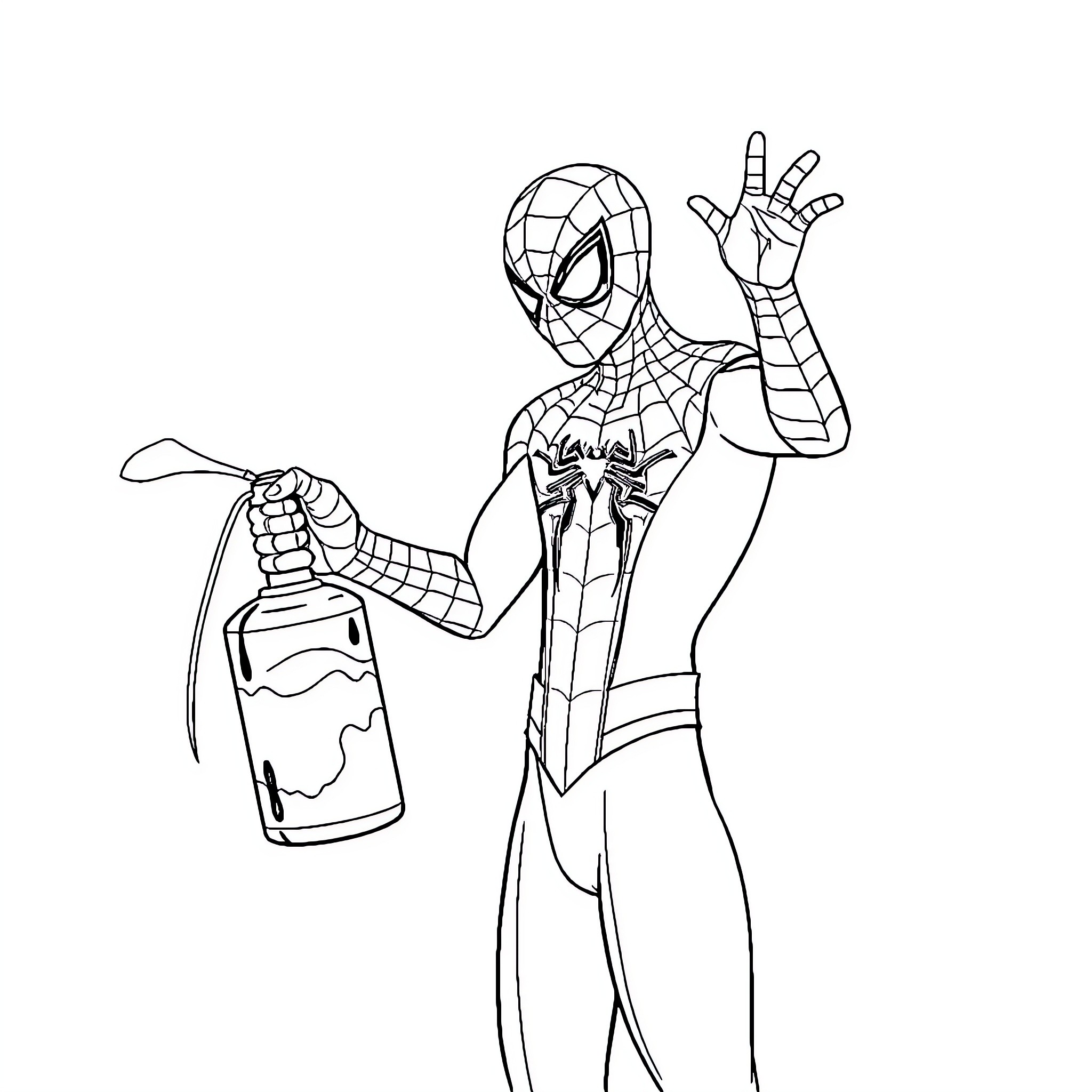 Spiderman spraying web while striking a heroic pose Coloring Page (free black-and-white line drawing printable PDF for all, from beginners to advanced learners, including children, teens, adults, and seniors)