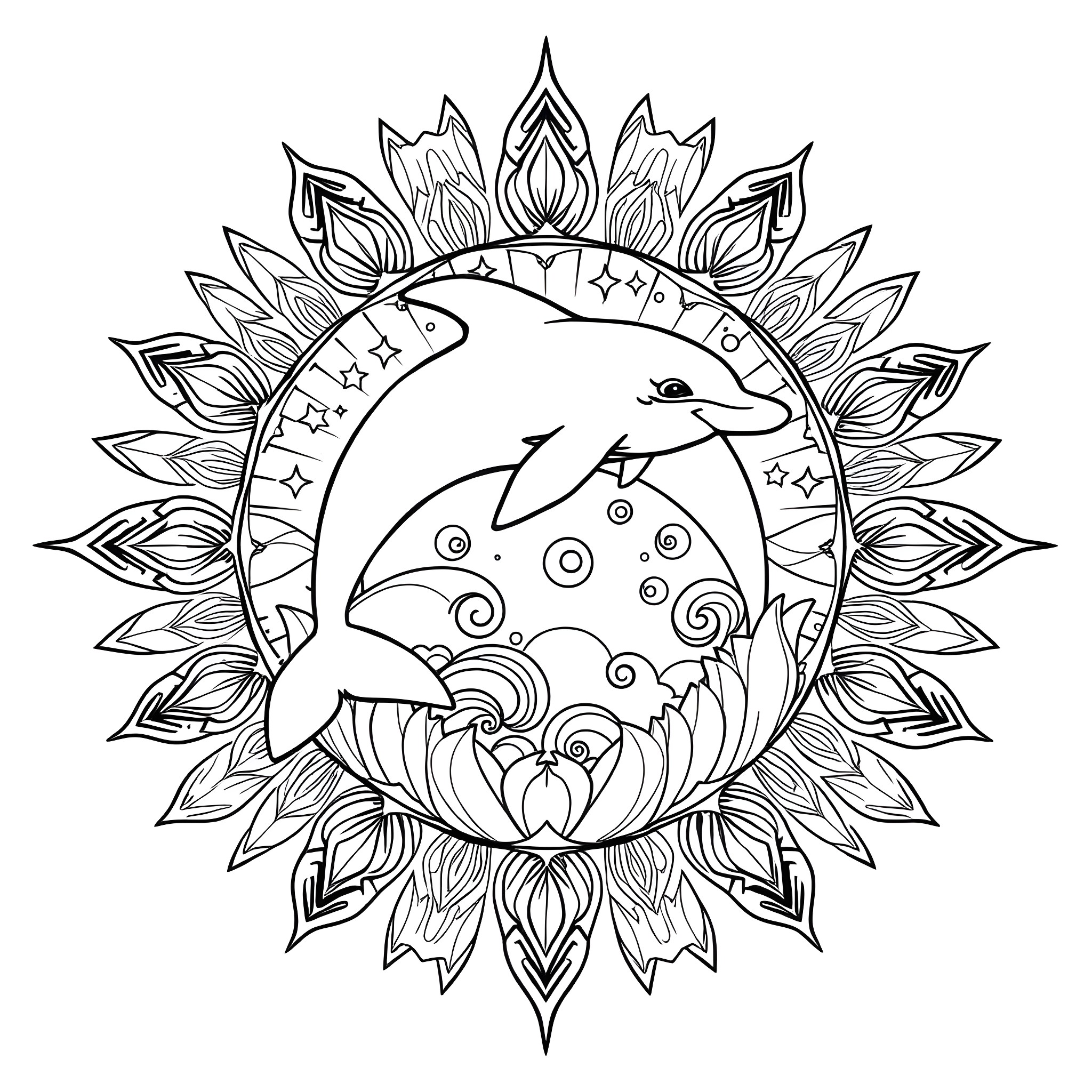 Dolphin swimming gracefully in a decorative mandala Coloring Page (free black-and-white line drawing printable PDF for all, from beginners to advanced learners, including children, teens, adults, and seniors)