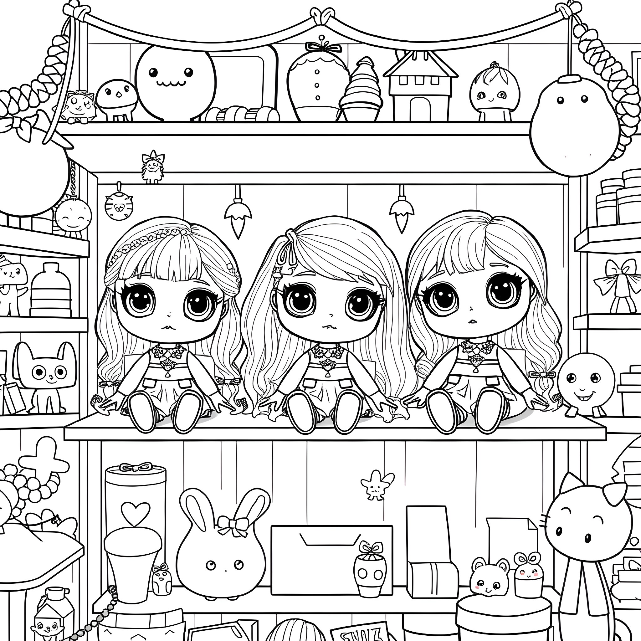 Doll Figures Sitting on Shelves with Decorative Items Coloring Page (free black-and-white line drawing printable PDF for all, from beginners to advanced learners, including children, teens, adults, and seniors)