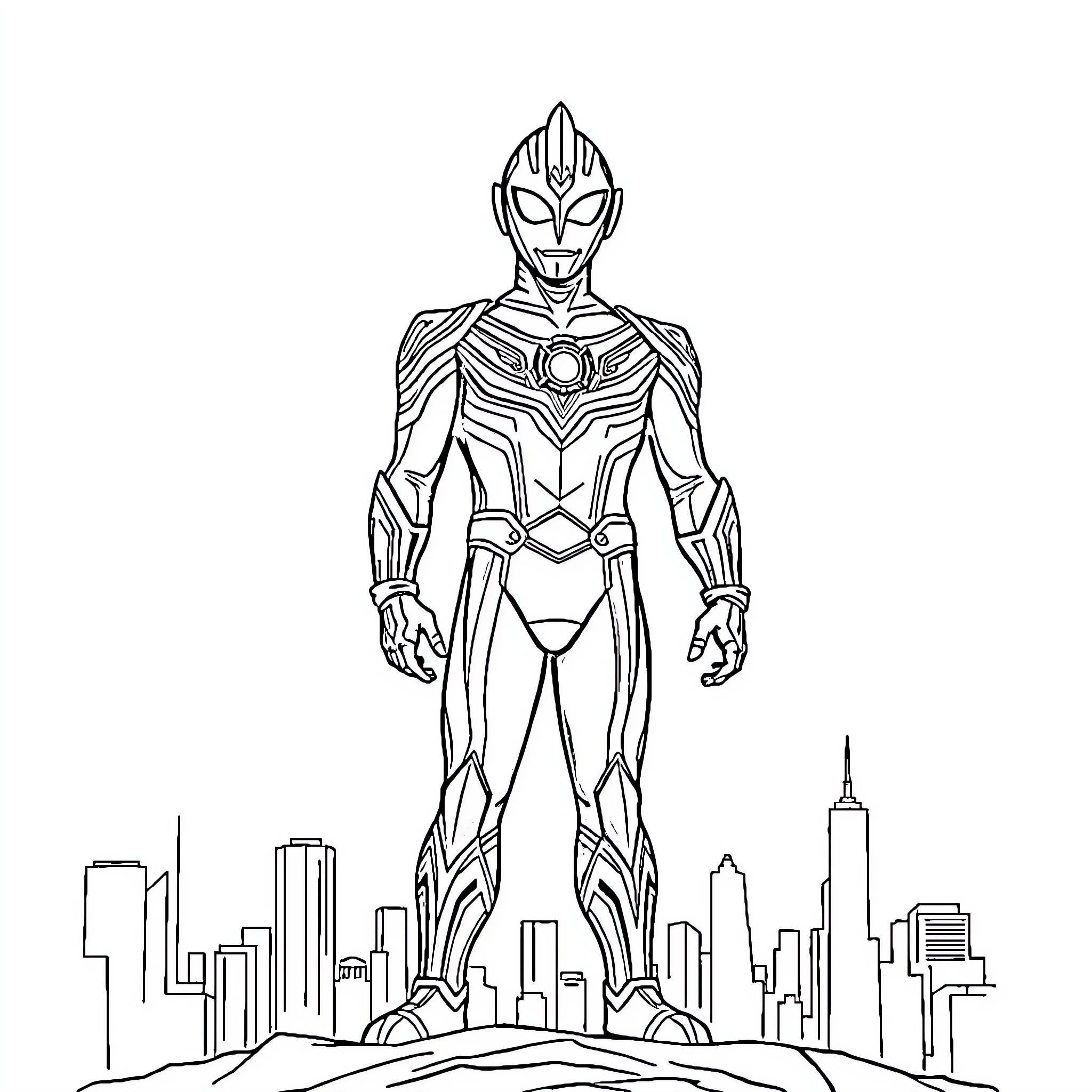 Ultraman heroically stands above the city Coloring Page (free black-and-white line drawing printable PDF for all, from beginners to advanced learners, including children, teens, adults, and seniors)