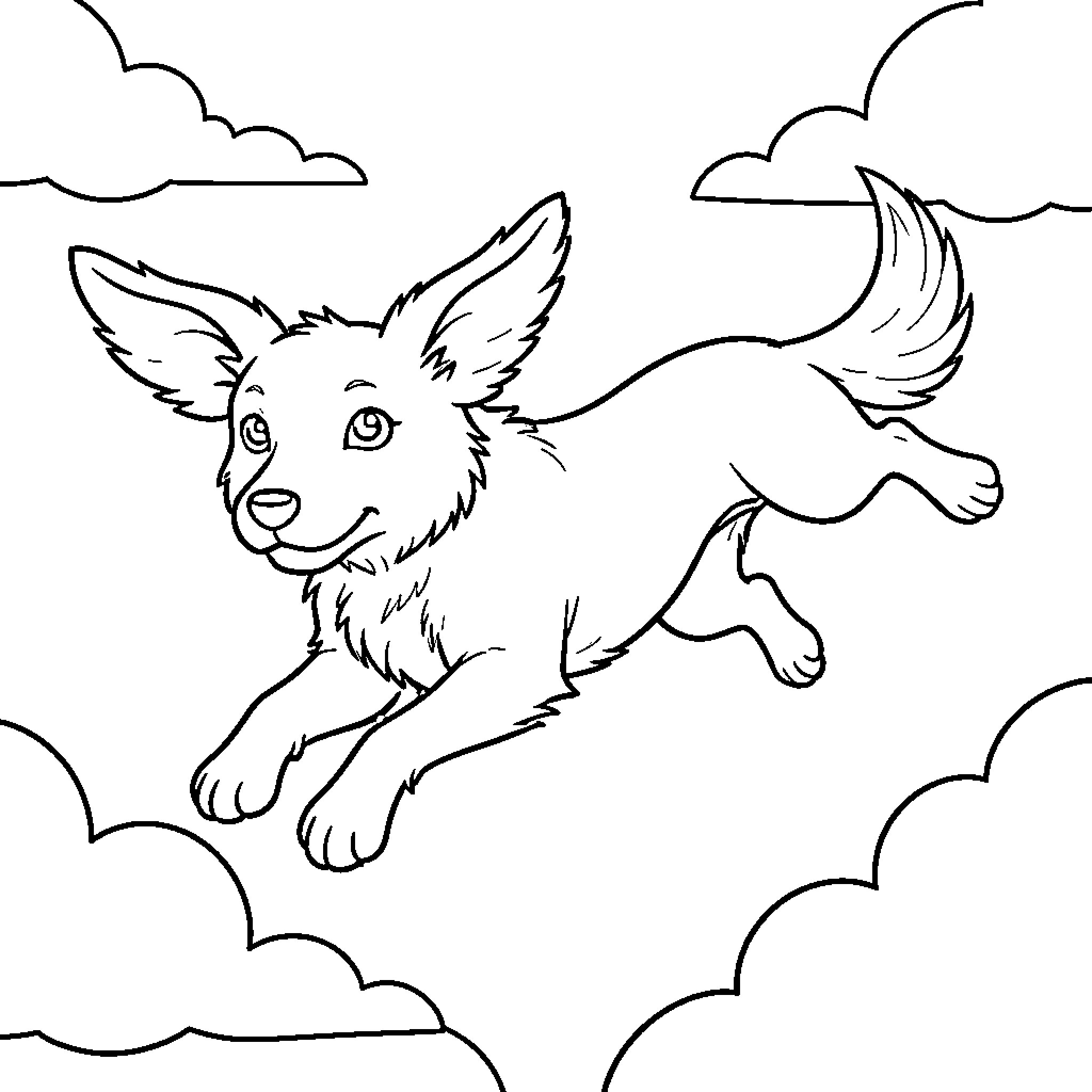 Flying Dog Happily Soaring through the Clouds Coloring Page (free black-and-white line drawing printable PDF for all, from beginners to advanced learners, including children, teens, adults, and seniors)