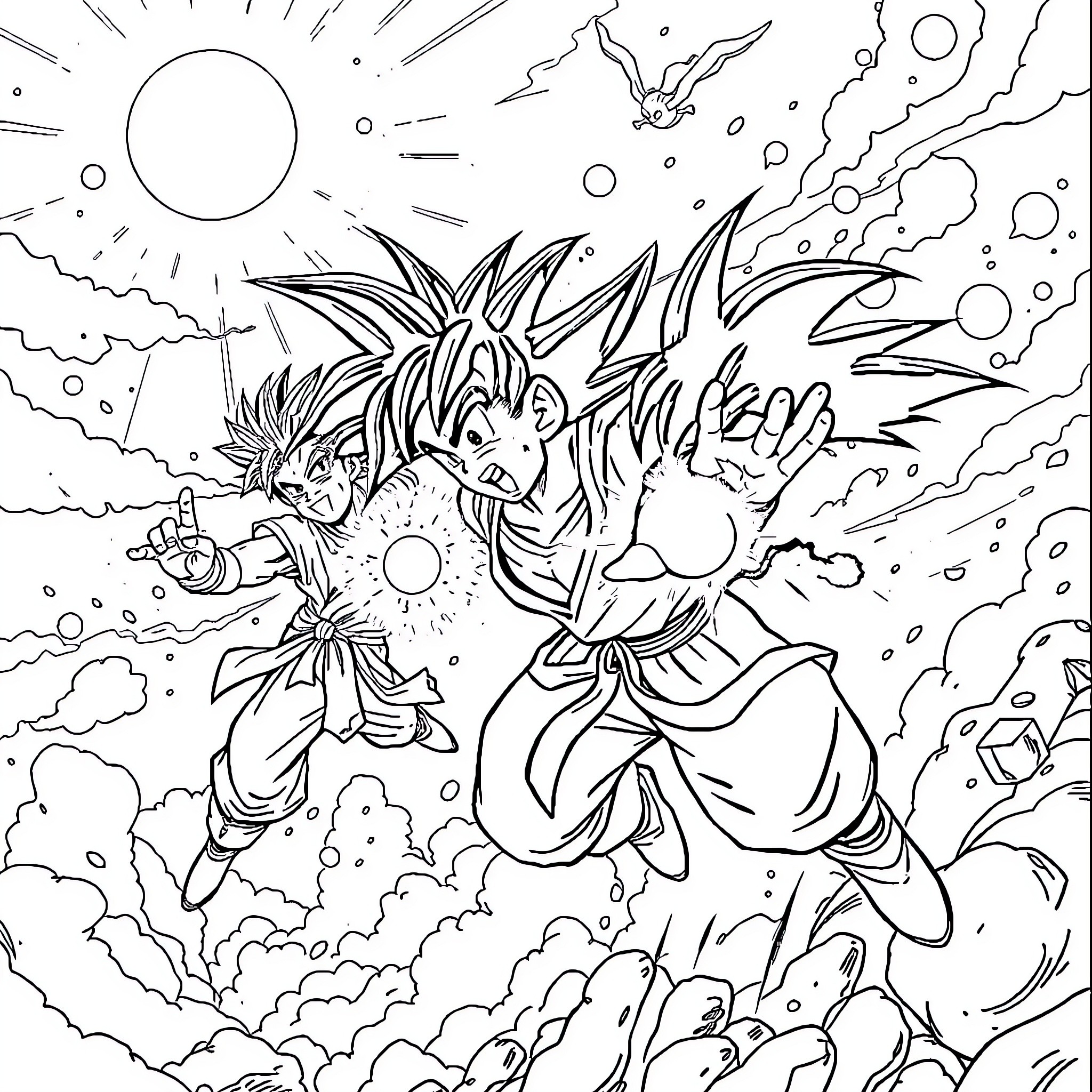 Dragonball Characters Battling in Cosmic Landscape Coloring Page (free black-and-white line drawing printable PDF for all, from beginners to advanced learners, including children, teens, adults, and seniors)