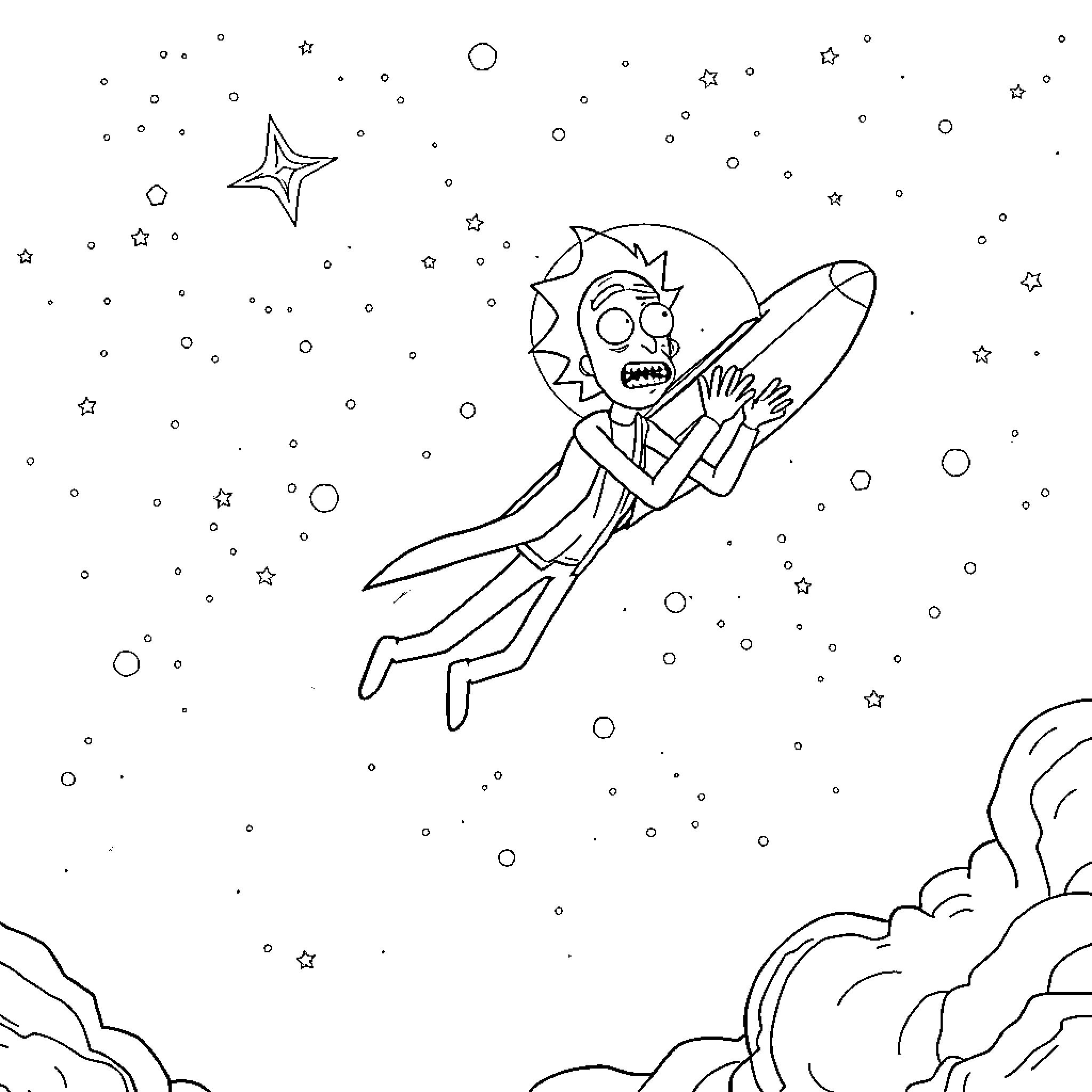Rick soaring through the cosmic expanse Coloring Page (free black-and-white line drawing printable PDF for all, from beginners to advanced learners, including children, teens, adults, and seniors)