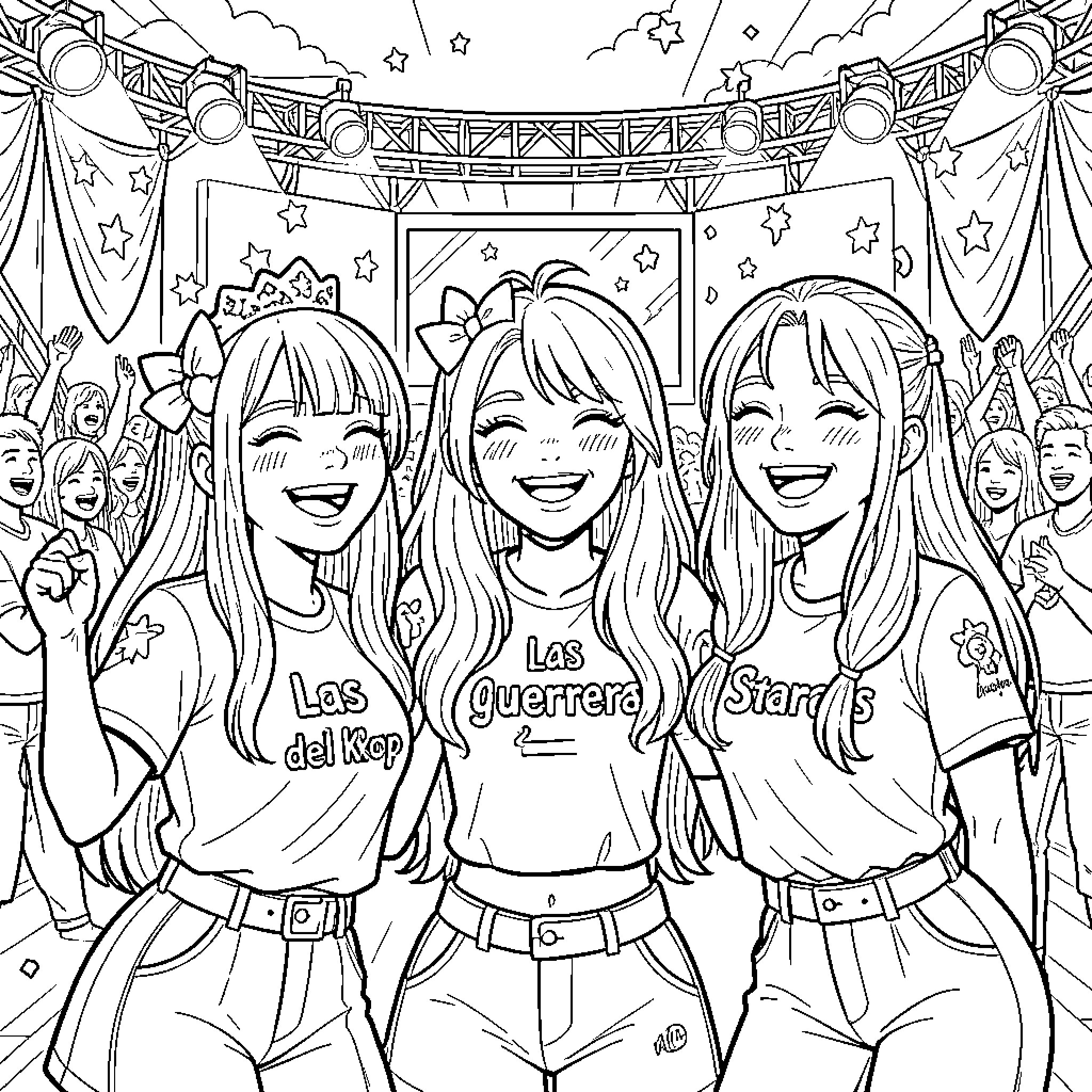 Kpop Warriors Performing on Stage with Enthusiasm Coloring Page (free black-and-white line drawing printable PDF for all, from beginners to advanced learners, including children, teens, adults, and seniors)
