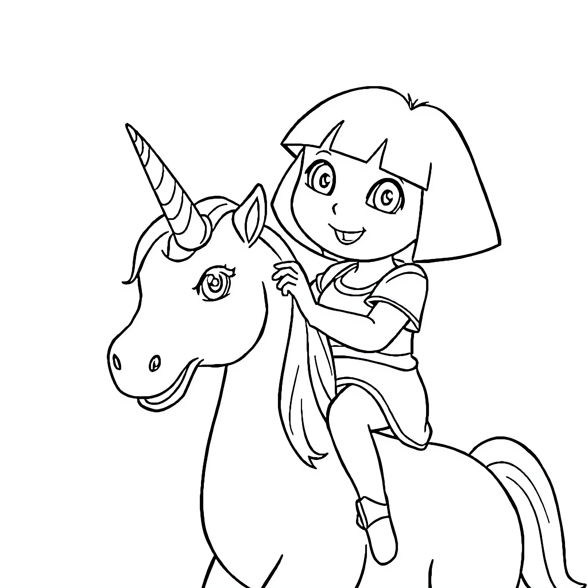 Dora riding a unicorn playfully Coloring Page (free black-and-white line drawing printable PDF for all, from beginners to advanced learners, including children, teens, adults, and seniors)