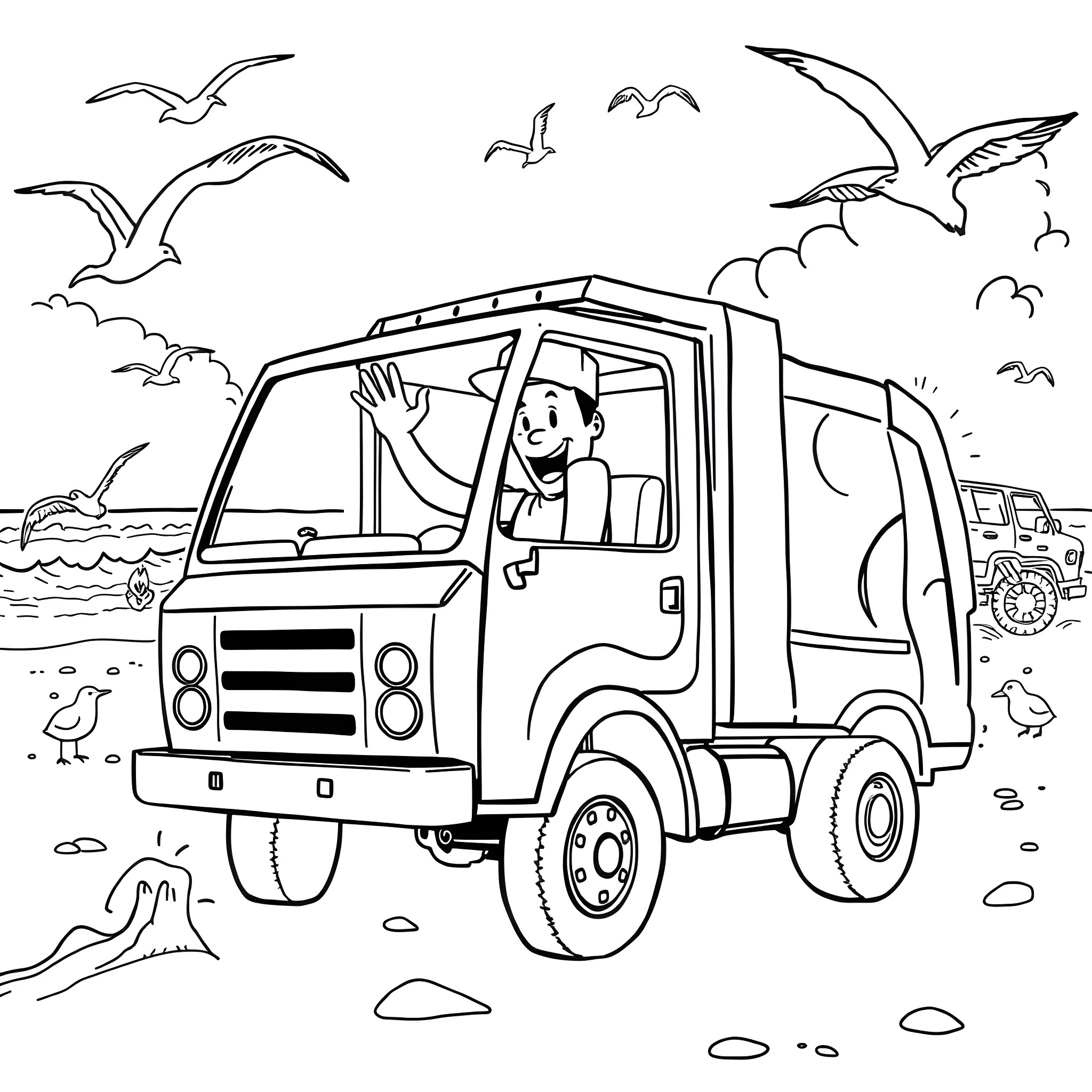 Trash Truck Collecting Waste at the Beach Coloring Page (free black-and-white line drawing printable PDF for all, from beginners to advanced learners, including children, teens, adults, and seniors)