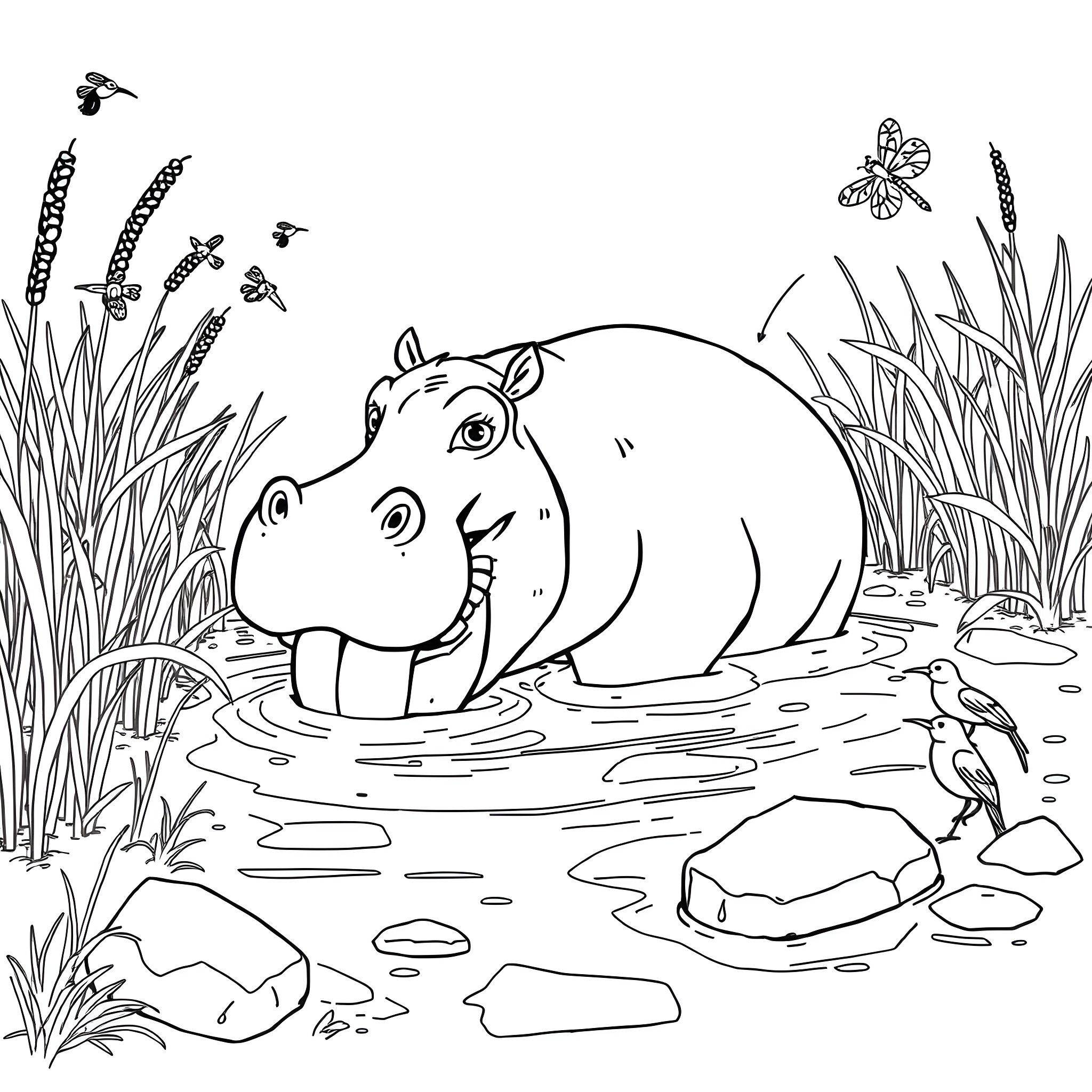 Hippopotamus playing in the pond with dragonflies Coloring Page (free black-and-white line drawing printable PDF for all, from beginners to advanced learners, including children, teens, adults, and seniors)