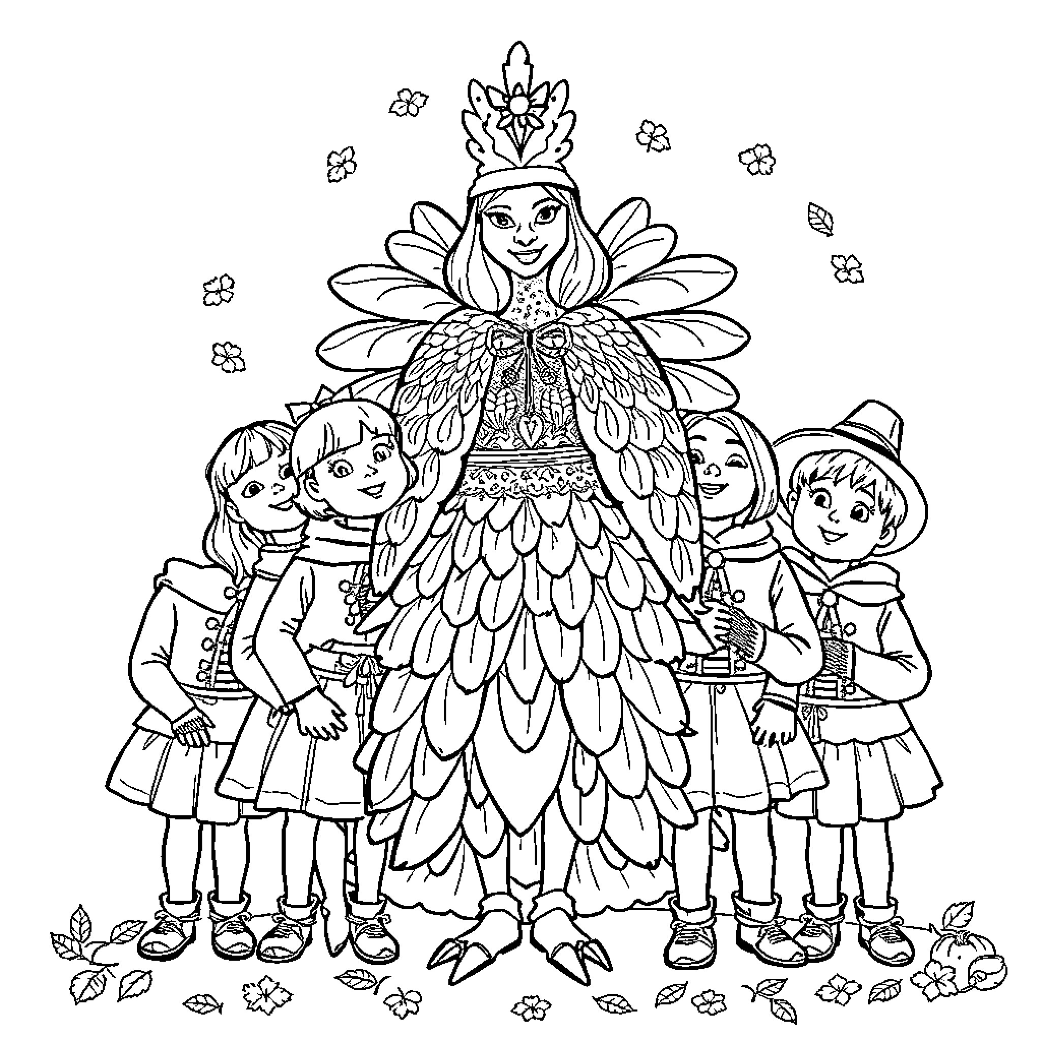 Thanksgiving Celebration with Costumed Figures Coloring Page (free black-and-white line drawing printable PDF for all, from beginners to advanced learners, including children, teens, adults, and seniors)