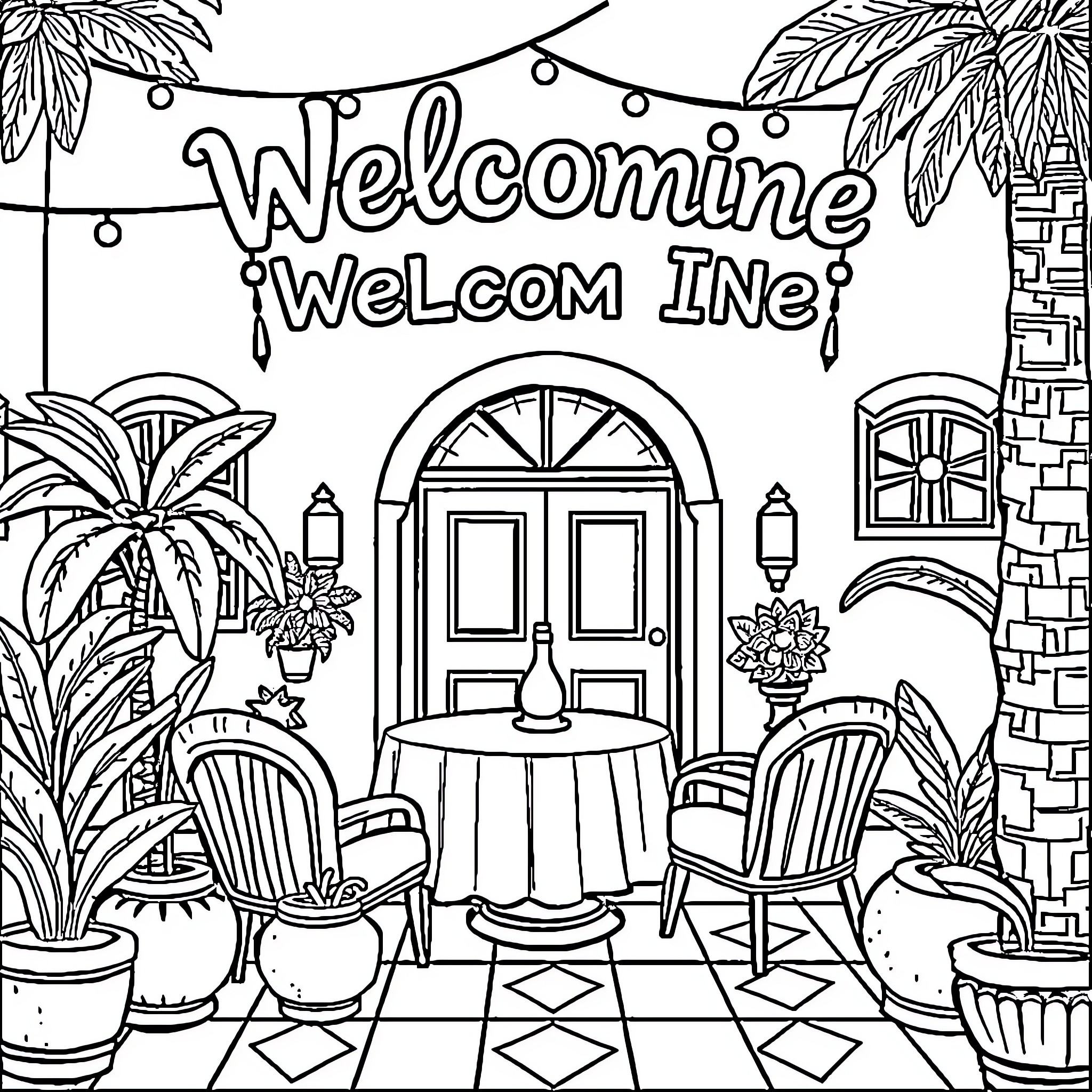 Fiesta of Welcoming Warmth and Hospitality Coloring Page (free black-and-white line drawing printable PDF for all, from beginners to advanced learners, including children, teens, adults, and seniors)