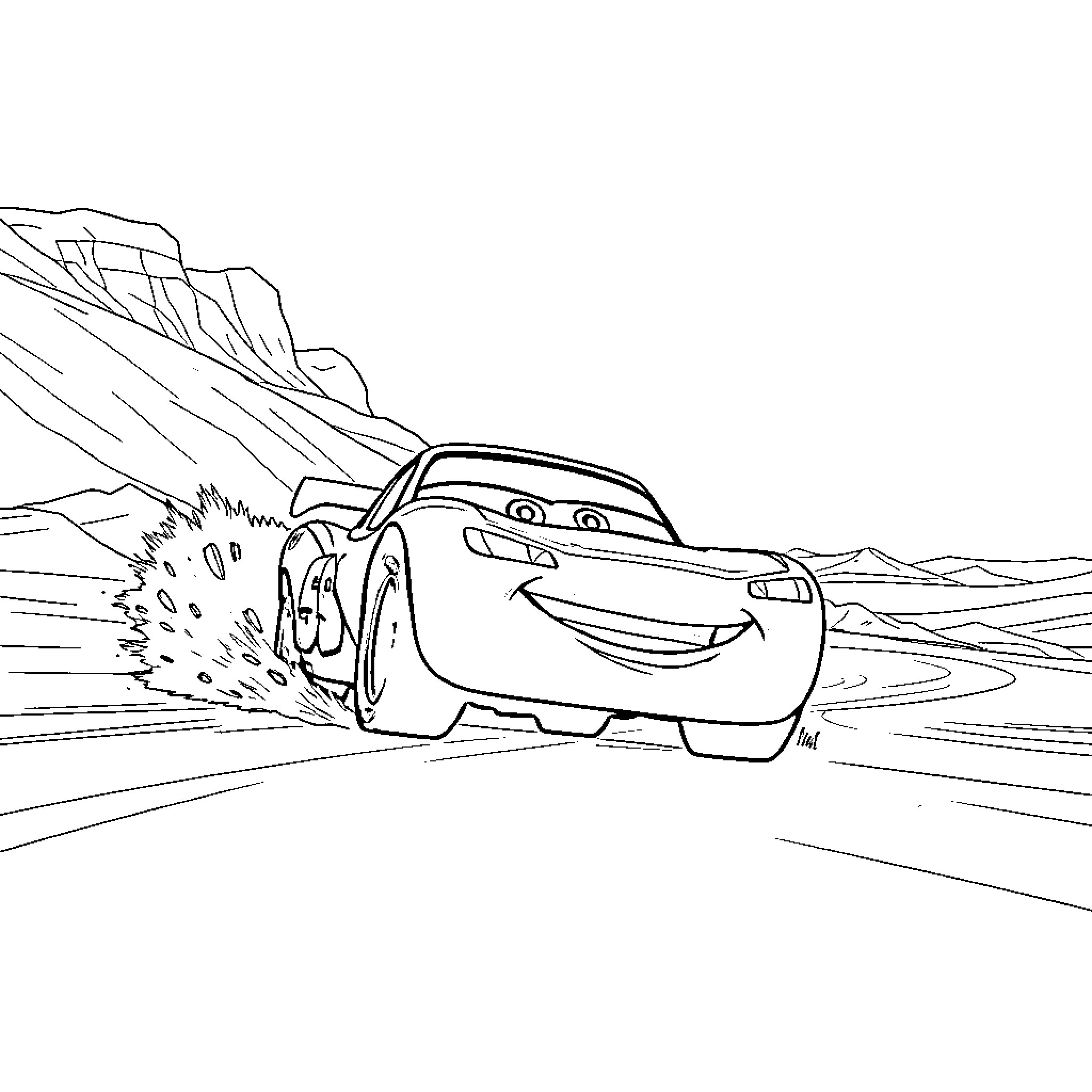 McQueen Speeds Through Rough Terrain Coloring Page (free black-and-white line drawing printable PDF for all, from beginners to advanced learners, including children, teens, adults, and seniors)