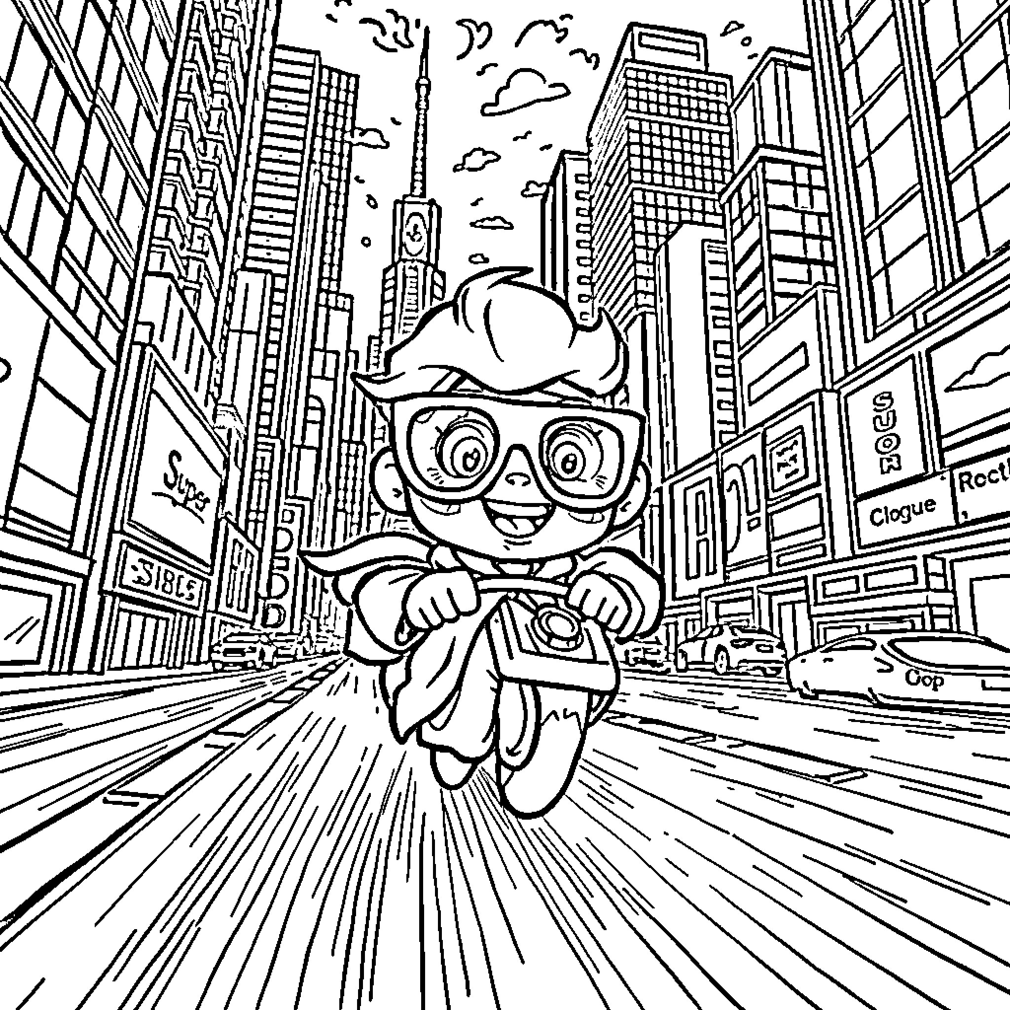 Doc Vroom's Exciting City Adventure Coloring Page (free black-and-white line drawing printable PDF for all, from beginners to advanced learners, including children, teens, adults, and seniors)