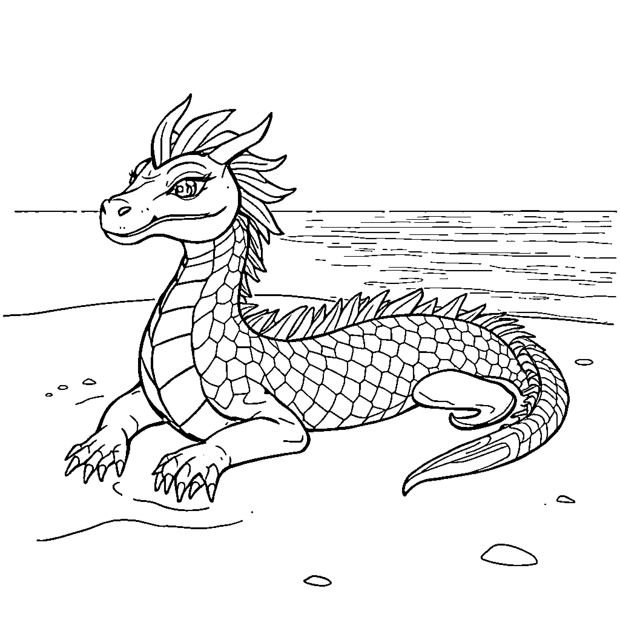 Mermaid Dragon relaxing on the beach Coloring Page (free black-and-white line drawing printable PDF for all, from beginners to advanced learners, including children, teens, adults, and seniors)