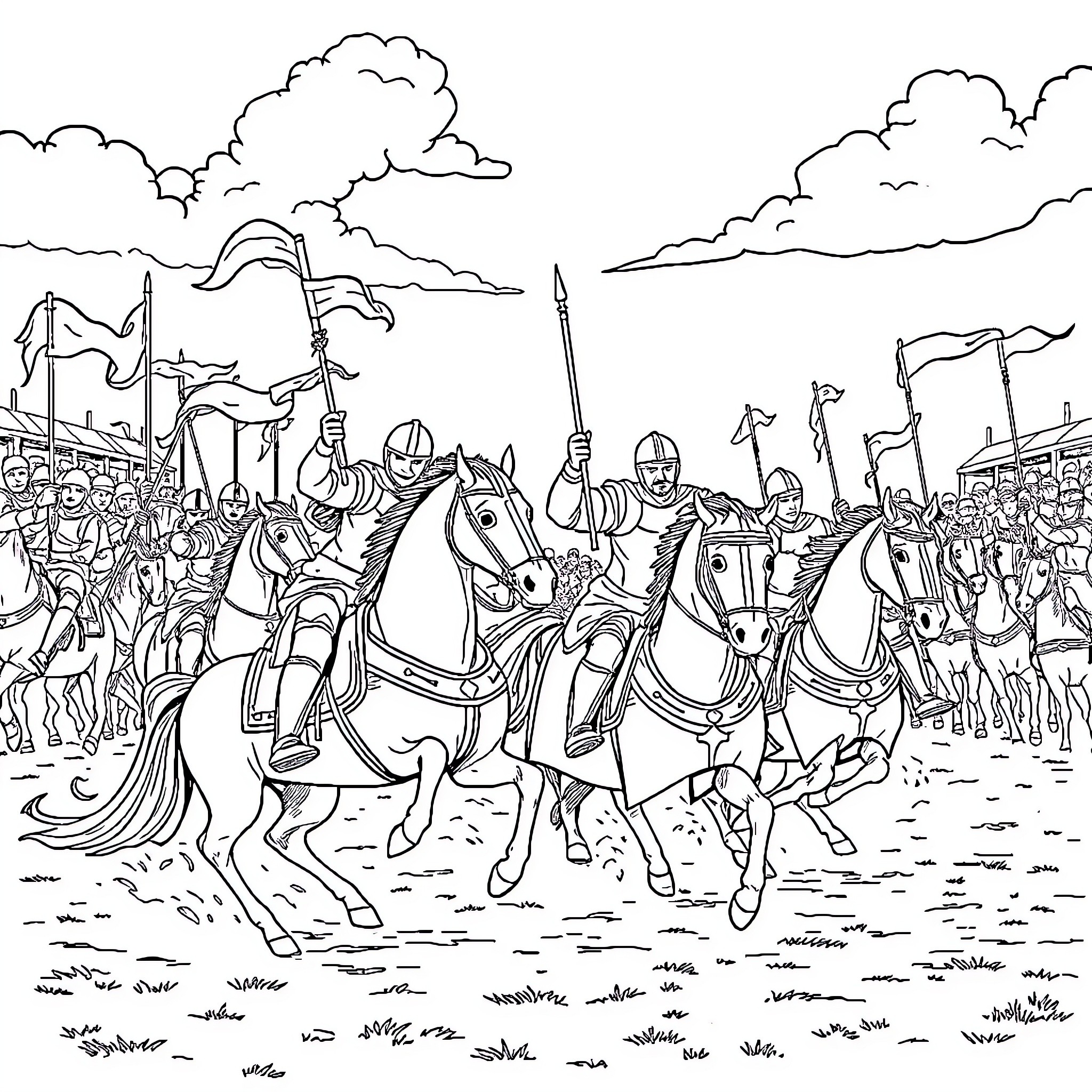 Knight Leading Armored Troops into Battle Coloring Page (free black-and-white line drawing printable PDF for all, from beginners to advanced learners, including children, teens, adults, and seniors)