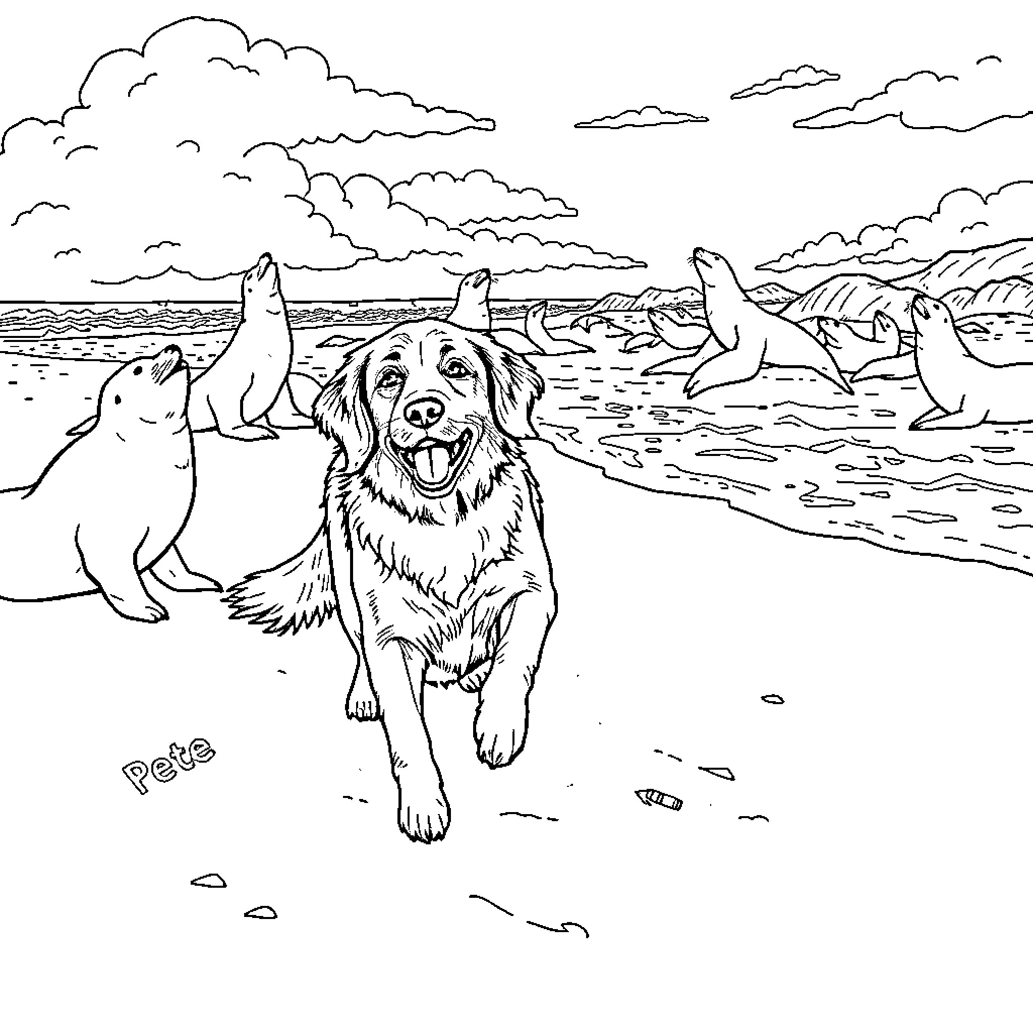 Golden Retriever playing with seals on the beach Coloring Page (free black-and-white line drawing printable PDF for all, from beginners to advanced learners, including children, teens, adults, and seniors)