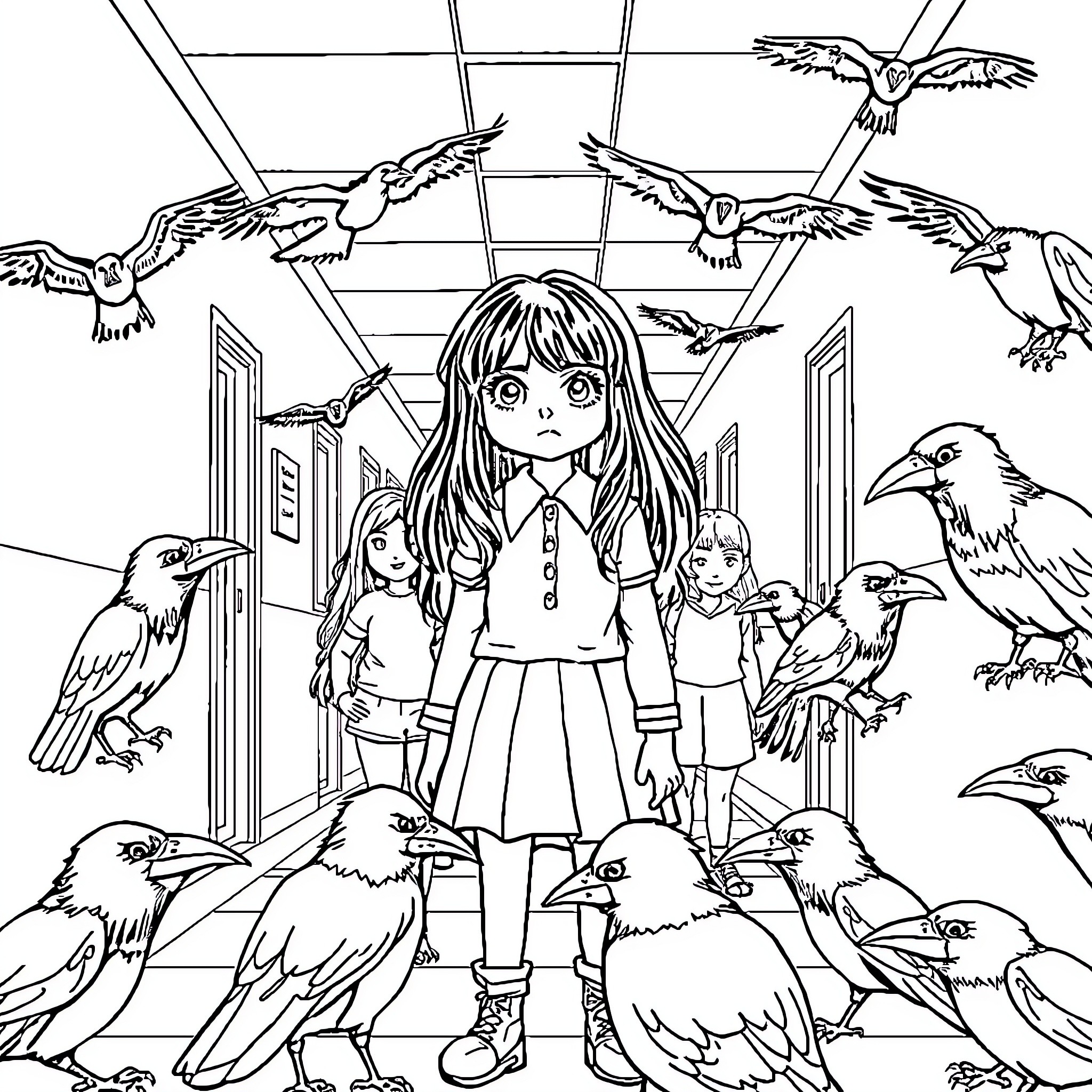 Wednesday Adams and Her Raven Companions Coloring Page (free black-and-white line drawing printable PDF for all, from beginners to advanced learners, including children, teens, adults, and seniors)