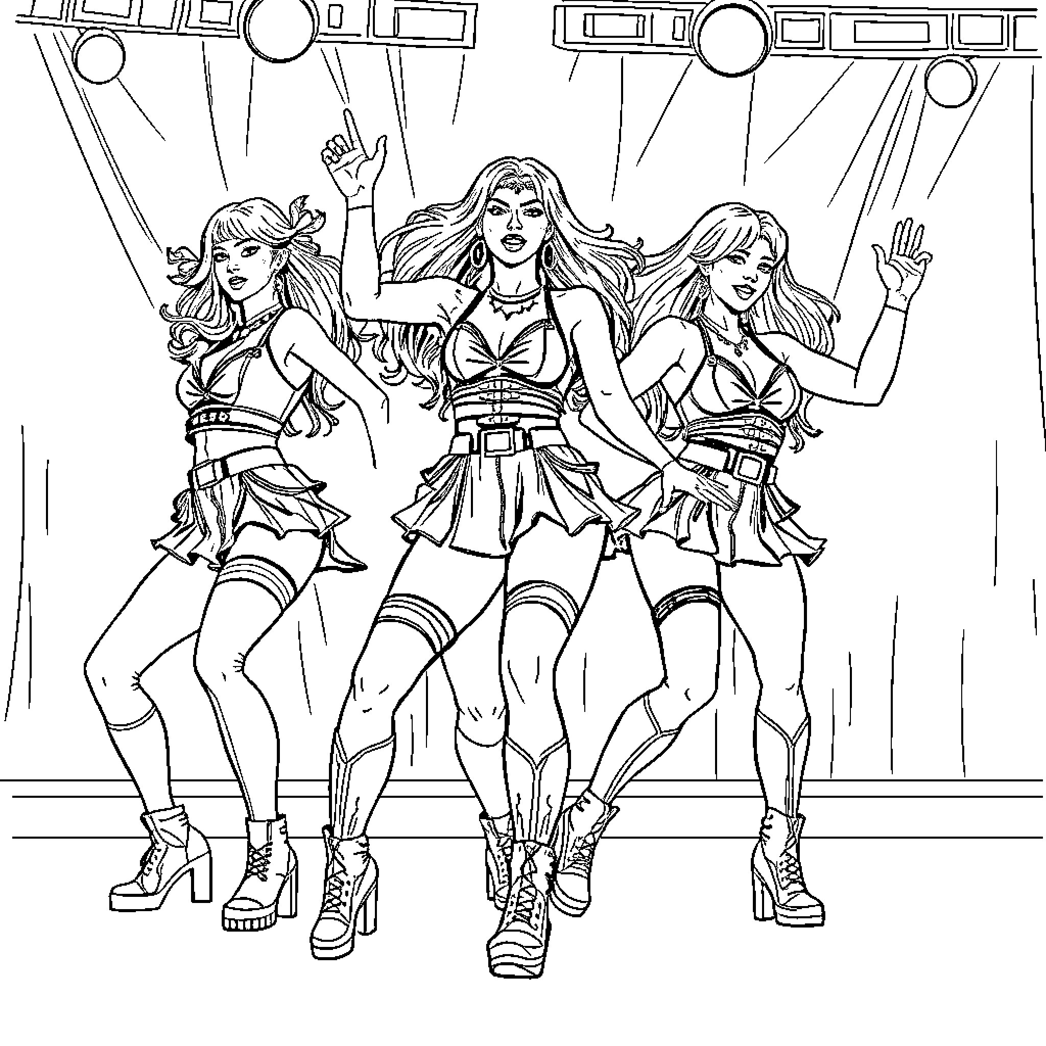 Kpop Girl Group Performing On Stage Coloring Page (free black-and-white line drawing printable PDF for all, from beginners to advanced learners, including children, teens, adults, and seniors)