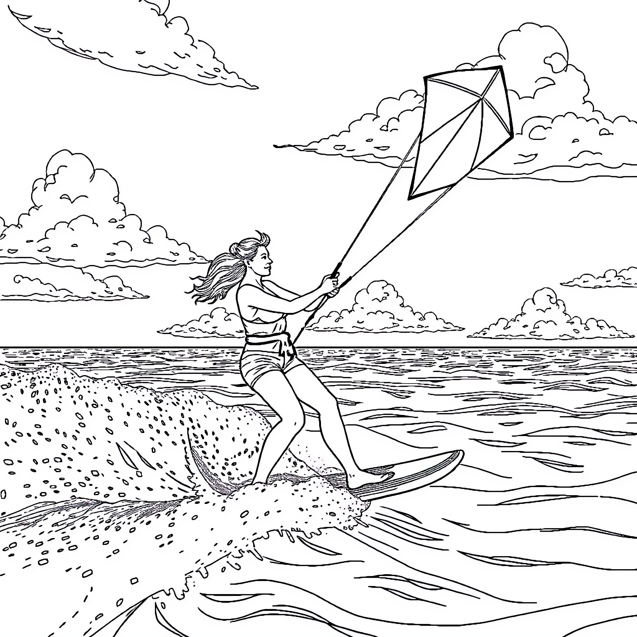Kitesurfer gliding through the waves on a windy day Coloring Page (free black-and-white line drawing printable PDF for all, from beginners to advanced learners, including children, teens, adults, and seniors)