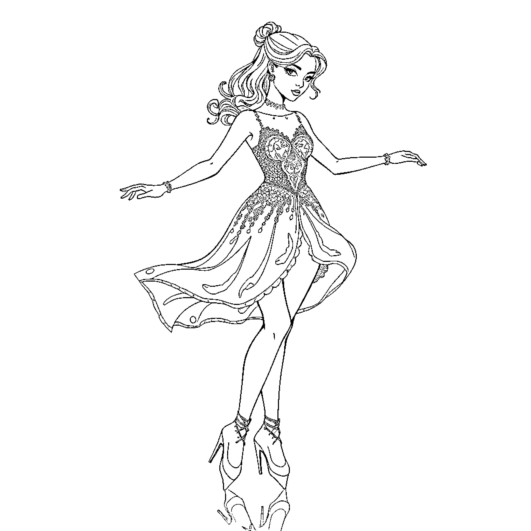 Figure Skater Performing Graceful Dance Routine Coloring Page (free black-and-white line drawing printable PDF for all, from beginners to advanced learners, including children, teens, adults, and seniors)