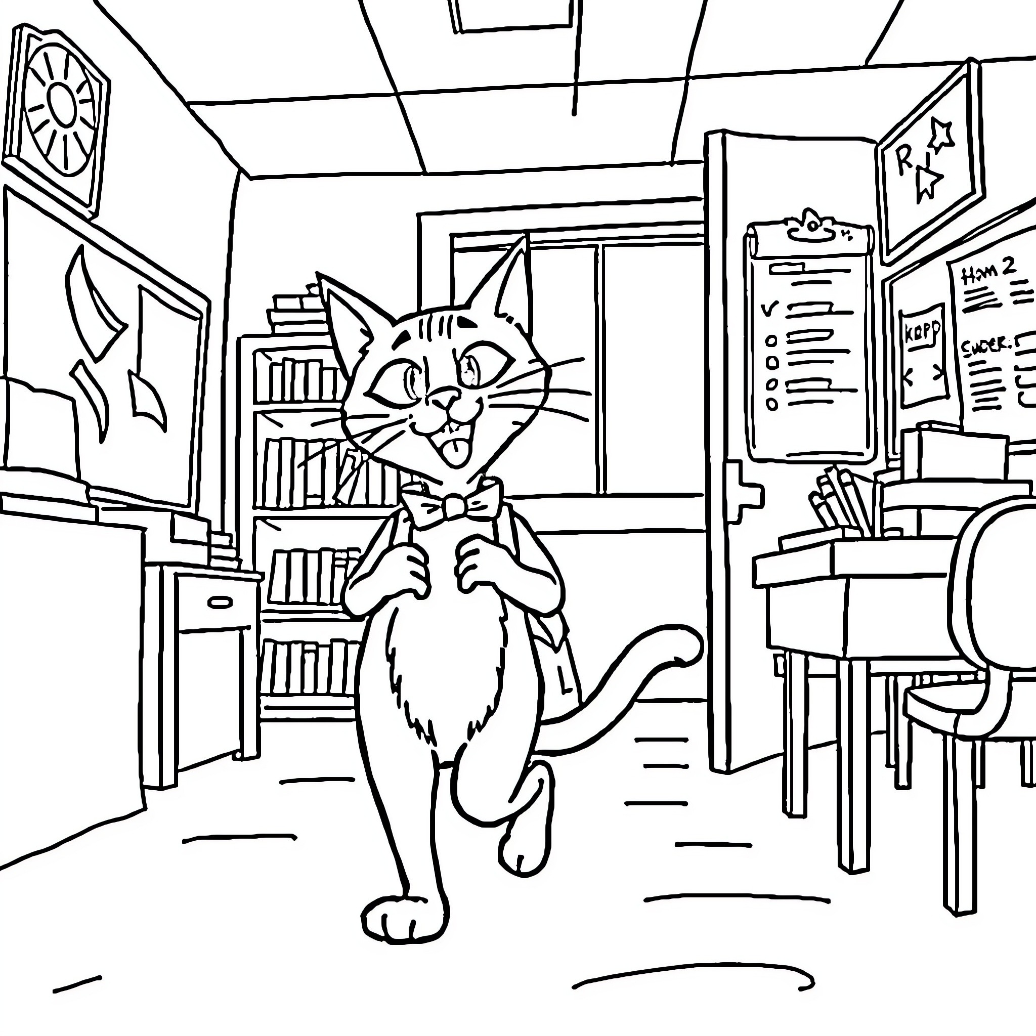 Pete the Cat exploring a classroom Coloring Page (free black-and-white line drawing printable PDF for all, from beginners to advanced learners, including children, teens, adults, and seniors)