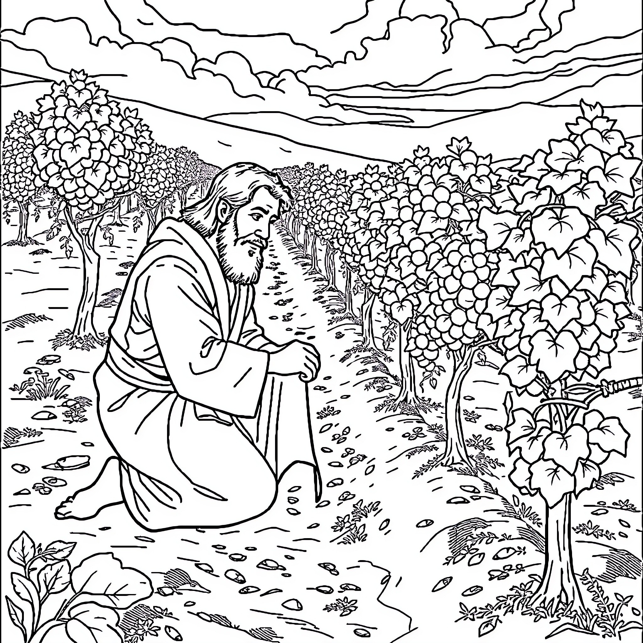 Noah meditating in a serene landscape Coloring Page (free black-and-white line drawing printable PDF for all, from beginners to advanced learners, including children, teens, adults, and seniors)