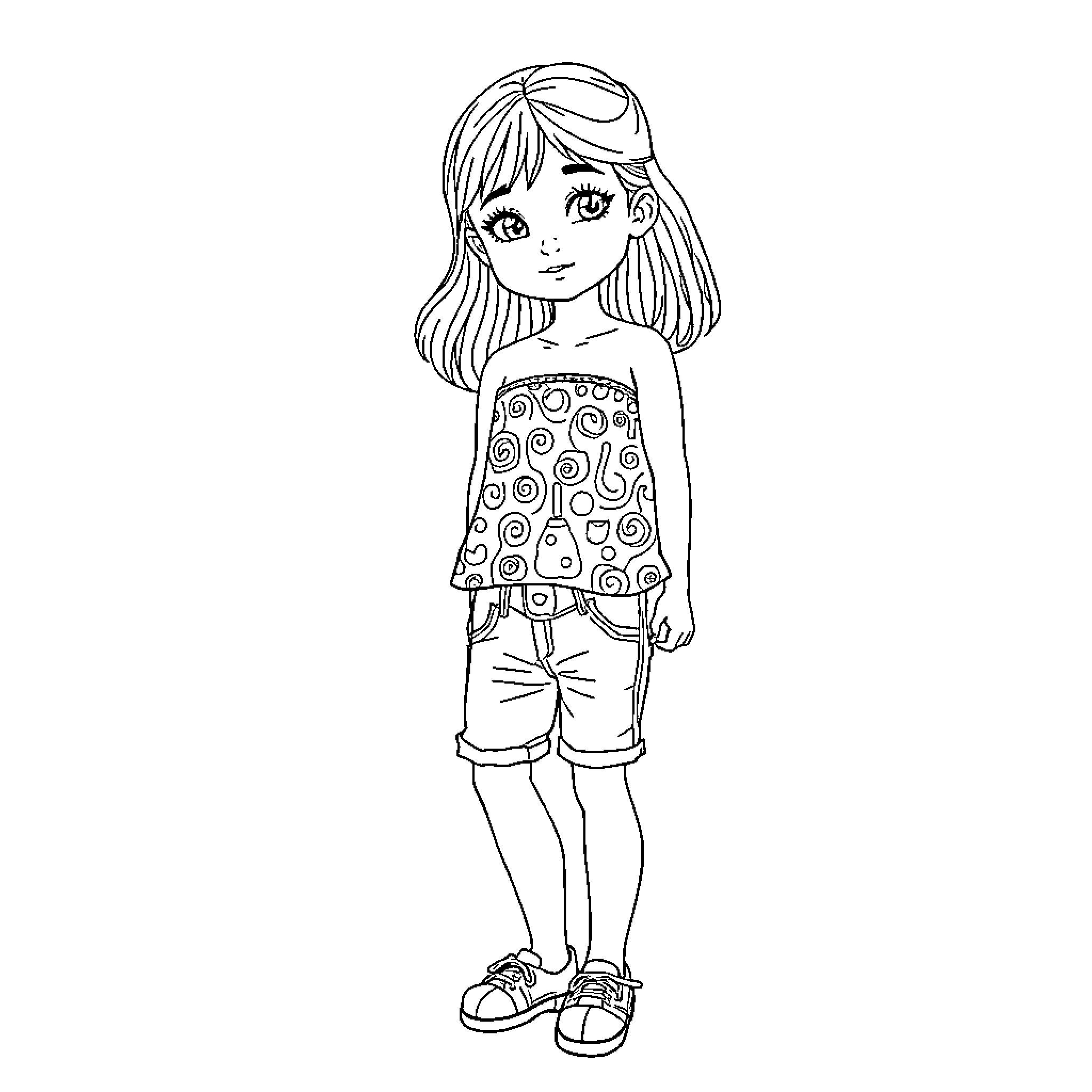 Girl in Playful Outfit Smiling Coloring Page (free black-and-white line drawing printable PDF for all, from beginners to advanced learners, including children, teens, adults, and seniors)