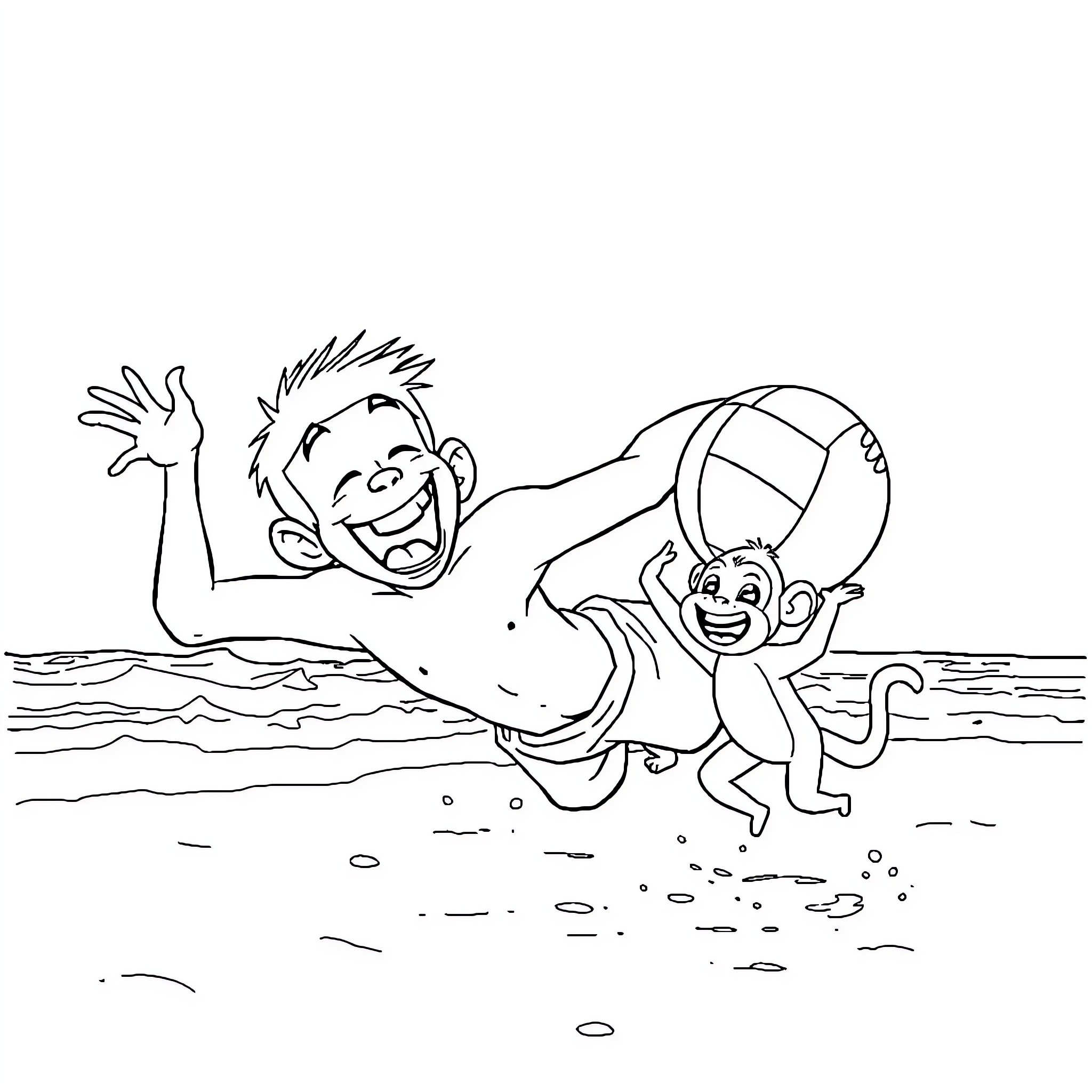 Beach Volleyball Players Enthusiastically Competing Coloring Page (free black-and-white line drawing printable PDF for all, from beginners to advanced learners, including children, teens, adults, and seniors)