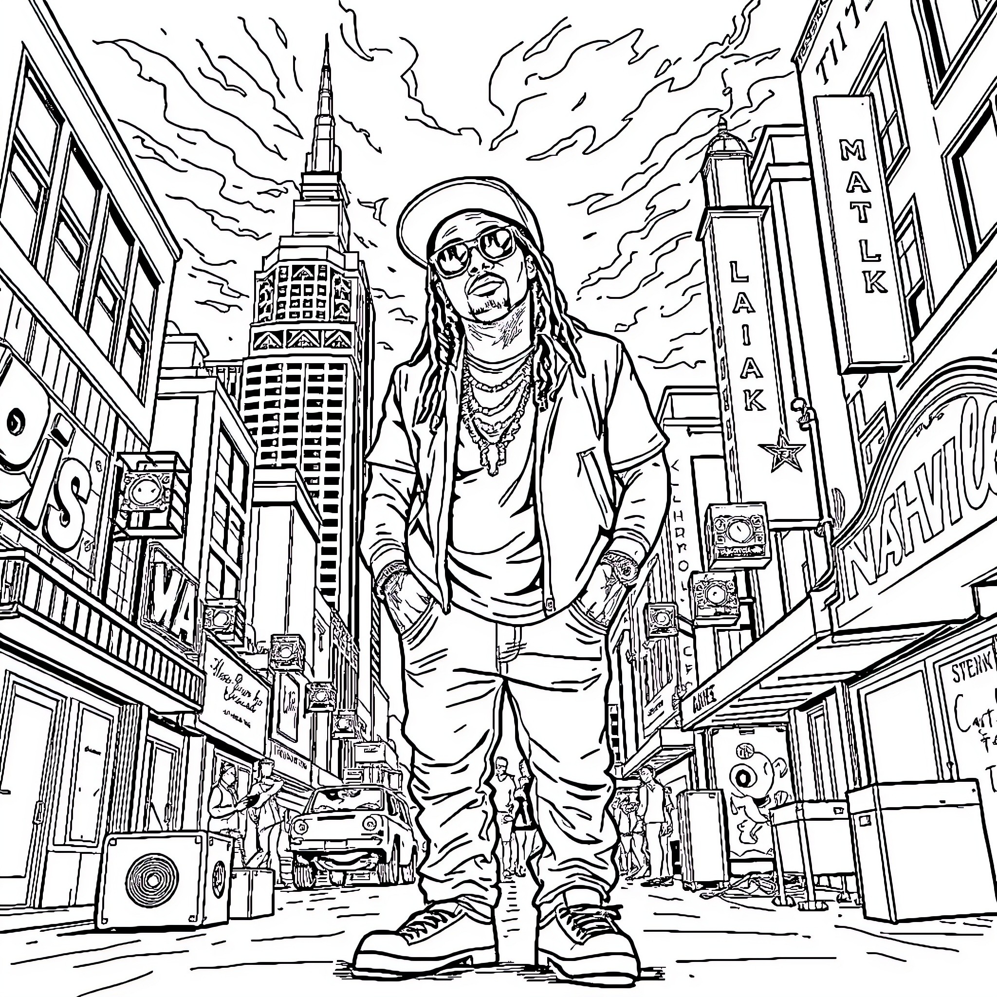 Lil Wayne in the Big City Spotlight Coloring Page (free black-and-white line drawing printable PDF for all, from beginners to advanced learners, including children, teens, adults, and seniors)