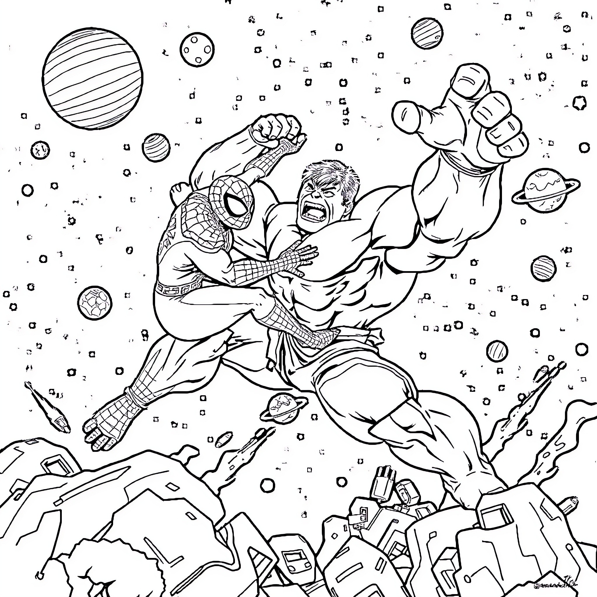 Hulk and Spiderman battling in the cosmic space Coloring Page (free black-and-white line drawing printable PDF for all, from beginners to advanced learners, including children, teens, adults, and seniors)