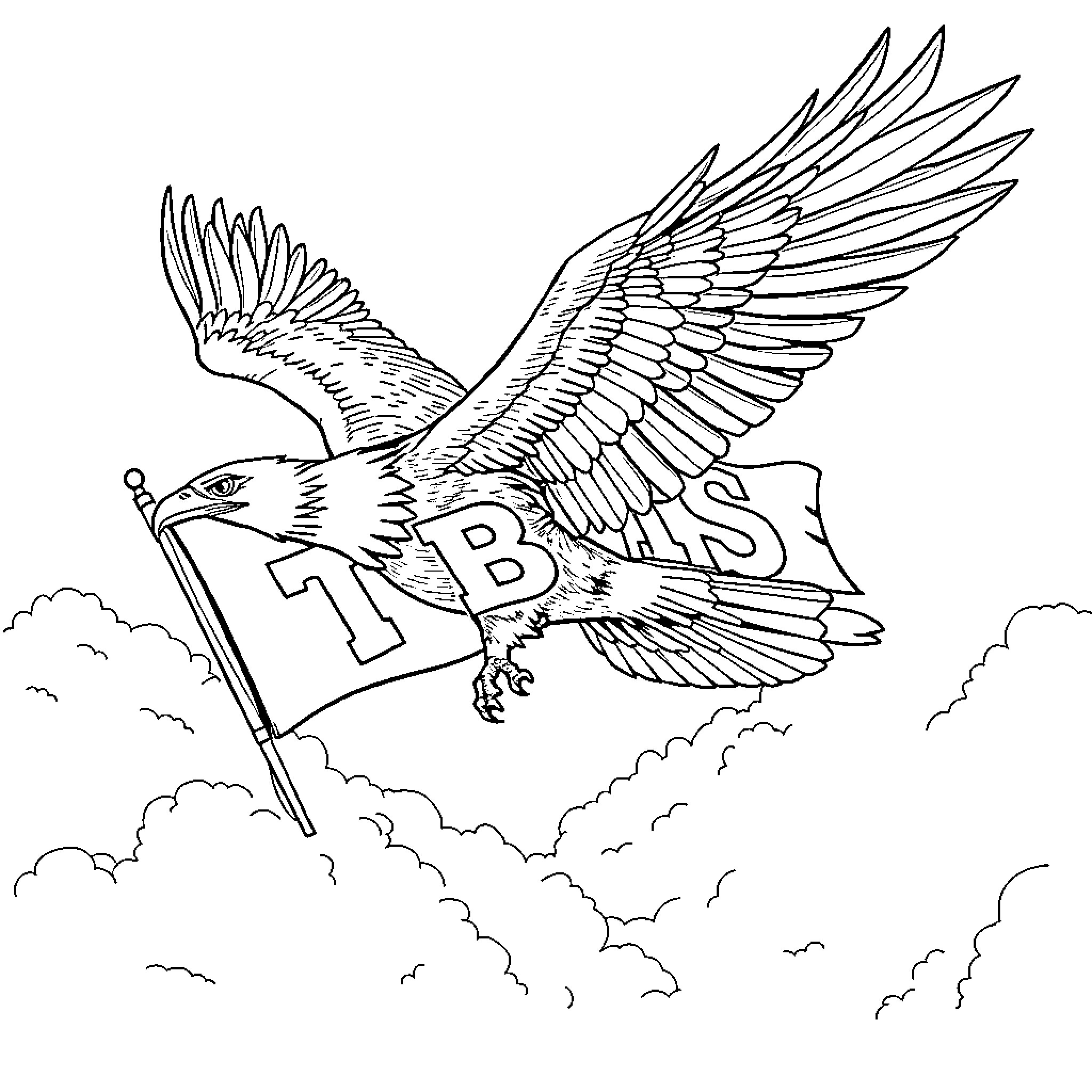Eagle carrying TBNS flag in clouds Coloring Page (free black-and-white line drawing printable PDF for all, from beginners to advanced learners, including children, teens, adults, and seniors)