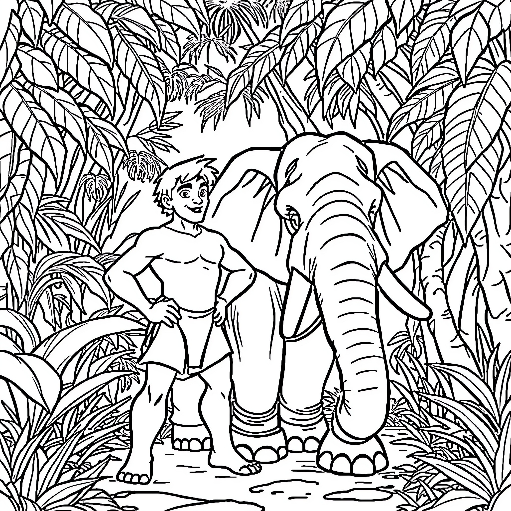 Tarzan exploring the jungle with his elephant friend Coloring Page (free black-and-white line drawing printable PDF for all, from beginners to advanced learners, including children, teens, adults, and seniors)