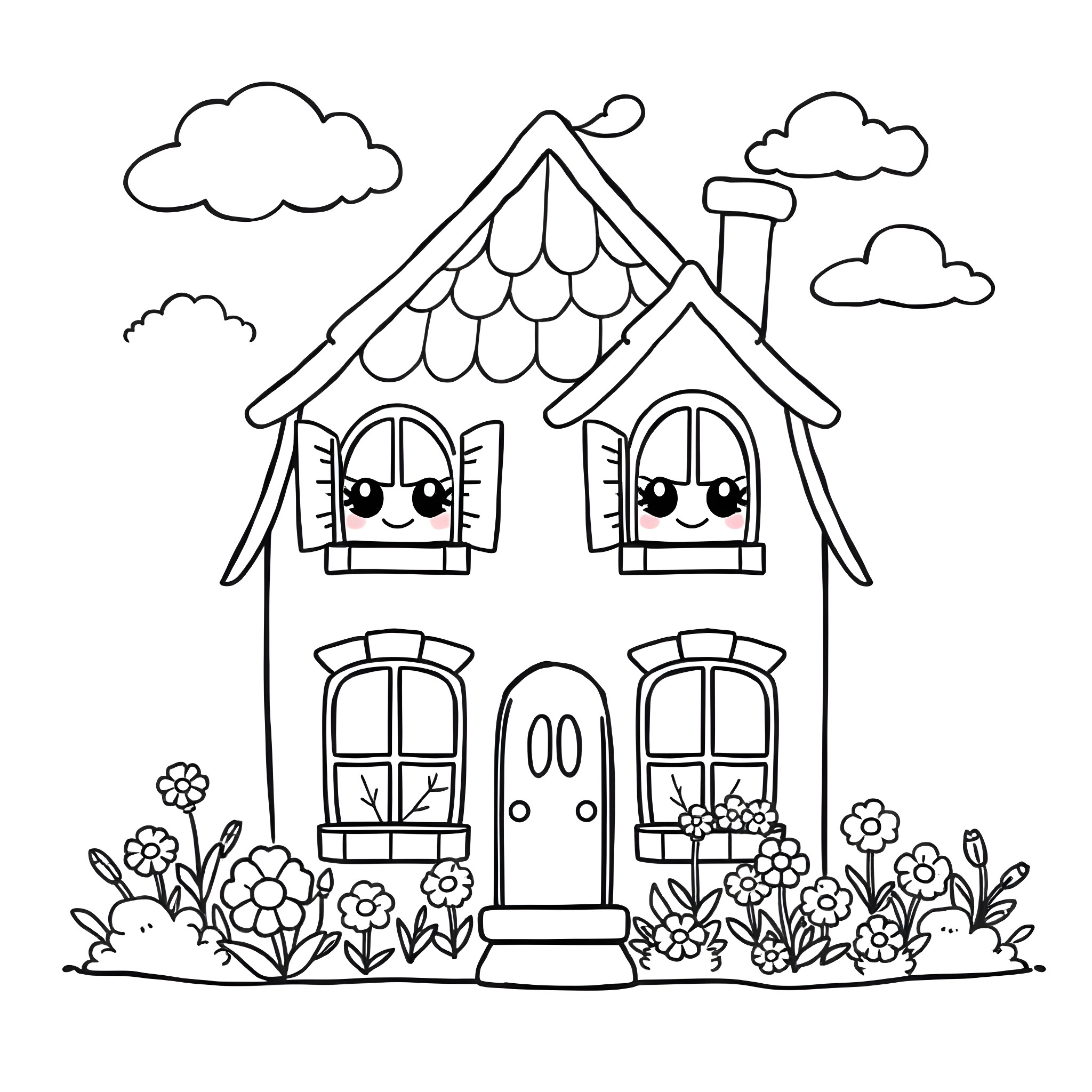 House with cute characters in the garden Coloring Page (free black-and-white line drawing printable PDF for all, from beginners to advanced learners, including children, teens, adults, and seniors)