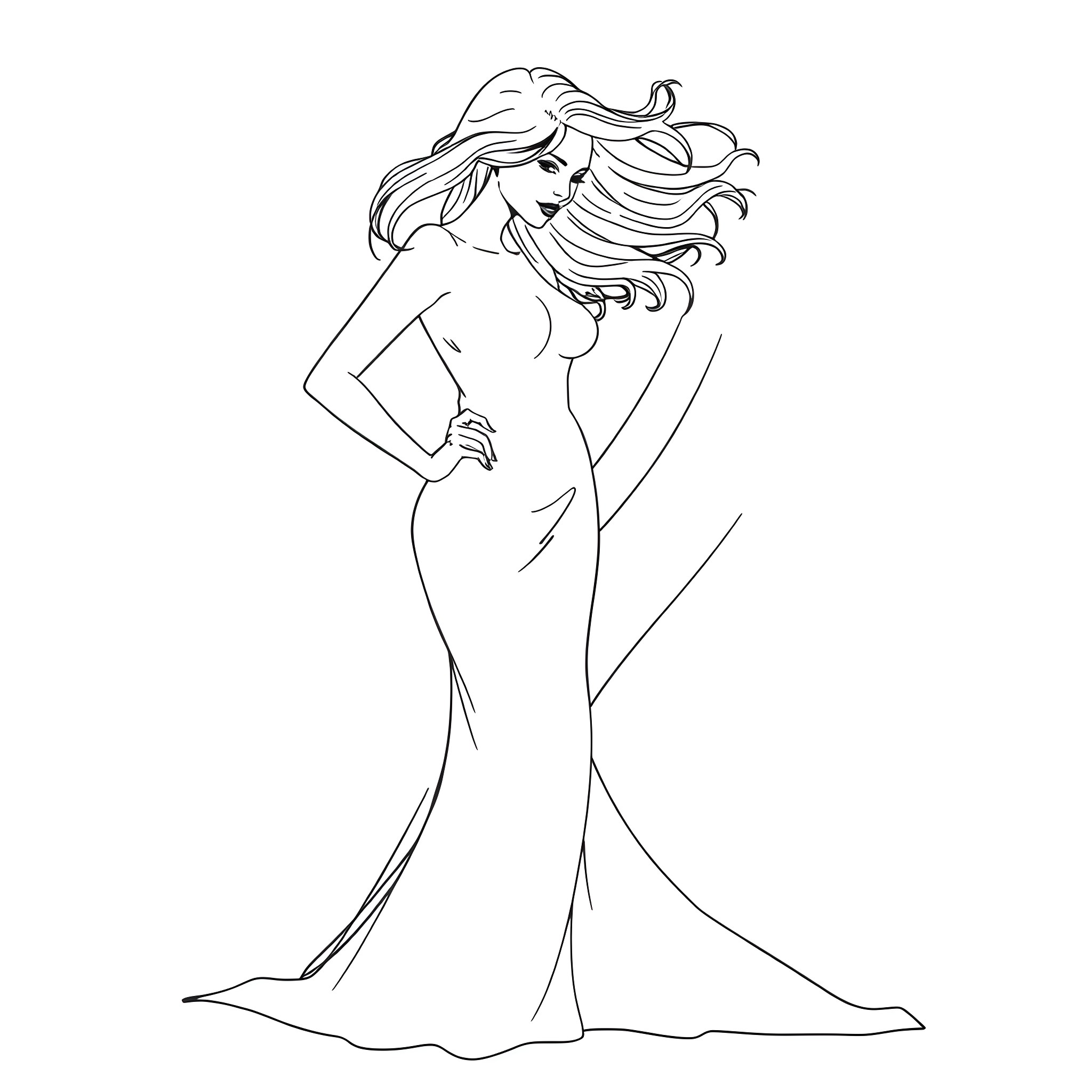 Scarlet Johansson's Graceful Silhouette in an Evening Gown Coloring Page (free black-and-white line drawing printable PDF for all, from beginners to advanced learners, including children, teens, adults, and seniors)