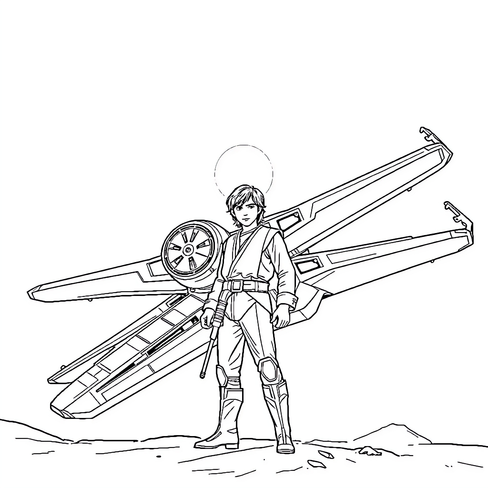 Luke Skywalker piloting his X-wing starfighter Coloring Page (free black-and-white line drawing printable PDF for all, from beginners to advanced learners, including children, teens, adults, and seniors)