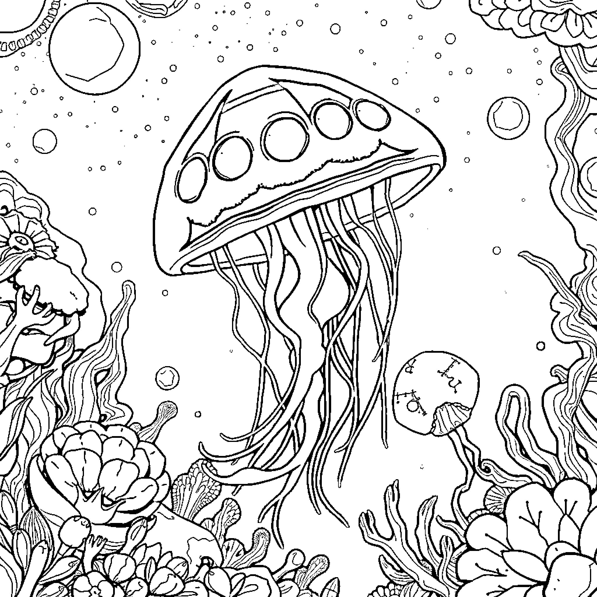 Jellyfish floating gracefully in an underwater garden Coloring Page (free black-and-white line drawing printable PDF for all, from beginners to advanced learners, including children, teens, adults, and seniors)