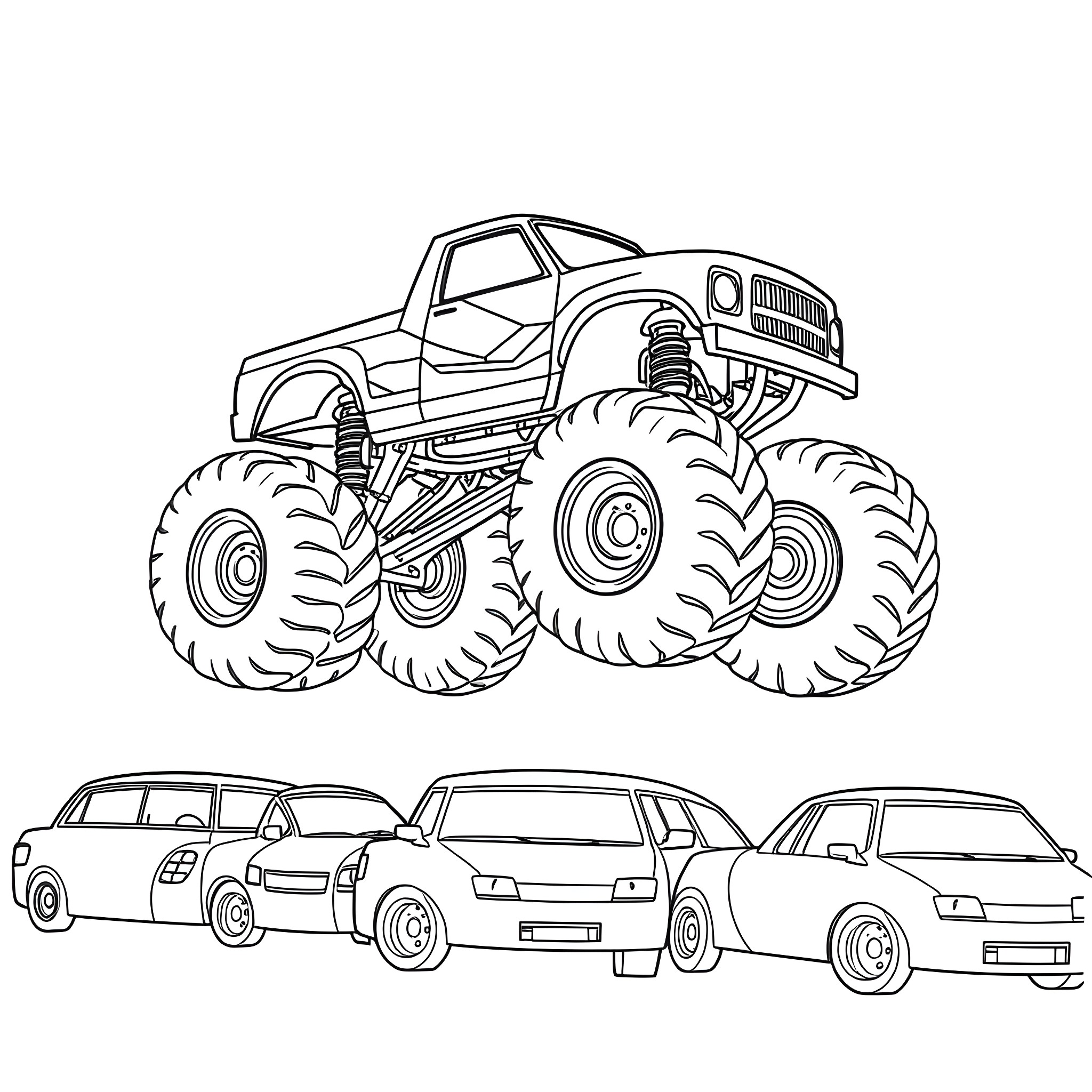 Monster Truck Crushing Smaller Vehicles Coloring Page (free black-and-white line drawing printable PDF for all, from beginners to advanced learners, including children, teens, adults, and seniors)