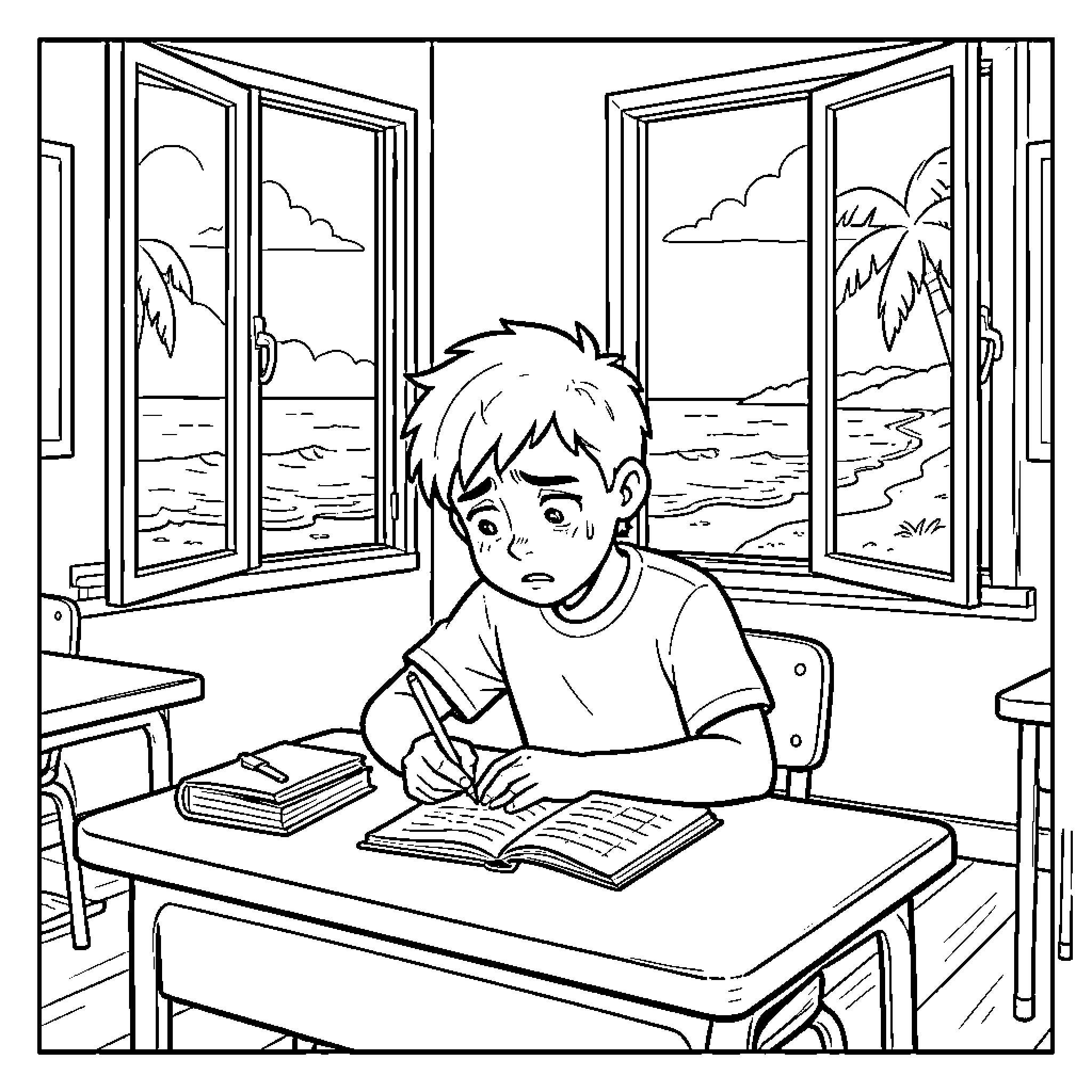Student sitting at a desk looking sad and worried Coloring Page (free black-and-white line drawing printable PDF for all, from beginners to advanced learners, including children, teens, adults, and seniors)