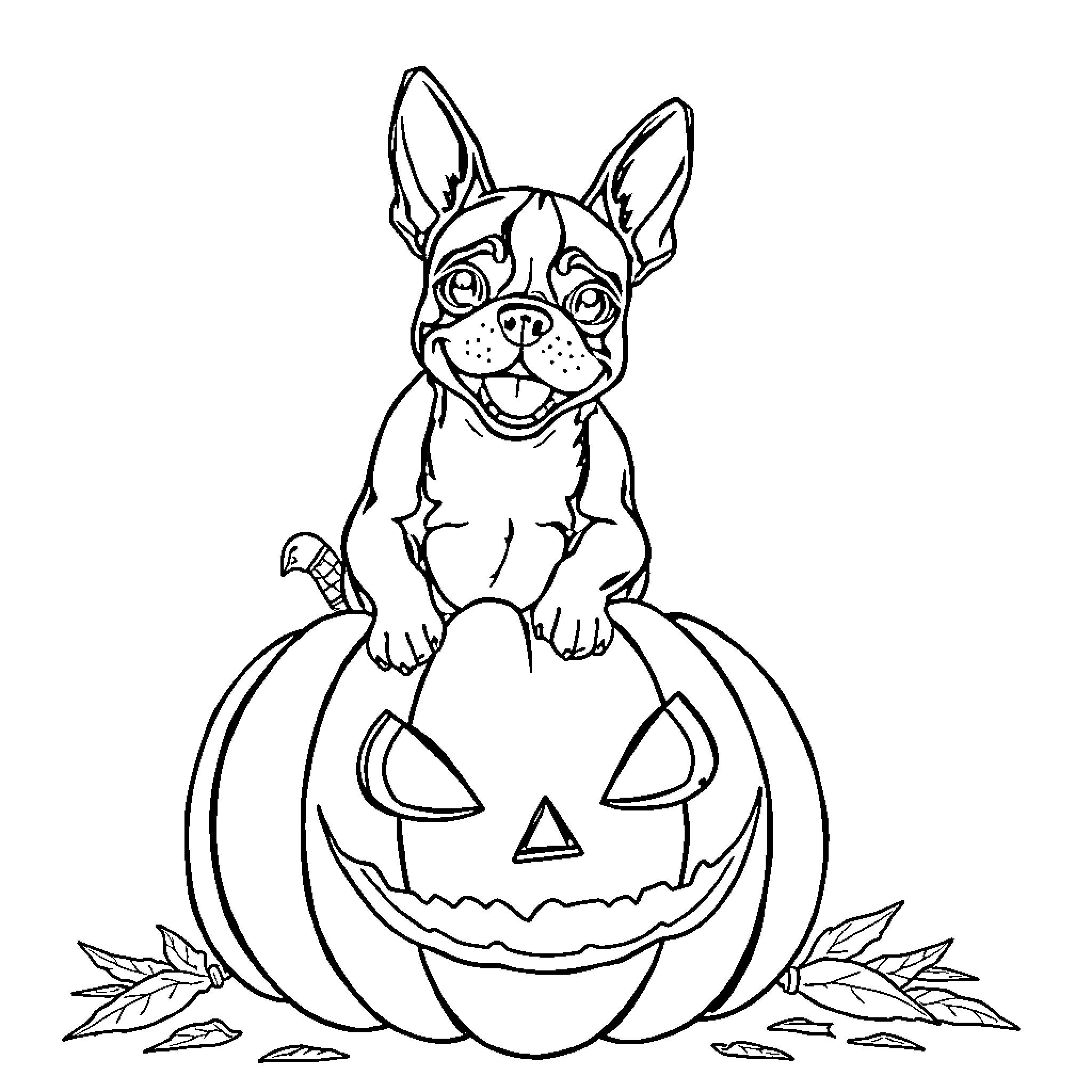 Boston Terrier sitting on a Halloween pumpkin Coloring Page (free black-and-white line drawing printable PDF for all, from beginners to advanced learners, including children, teens, adults, and seniors)