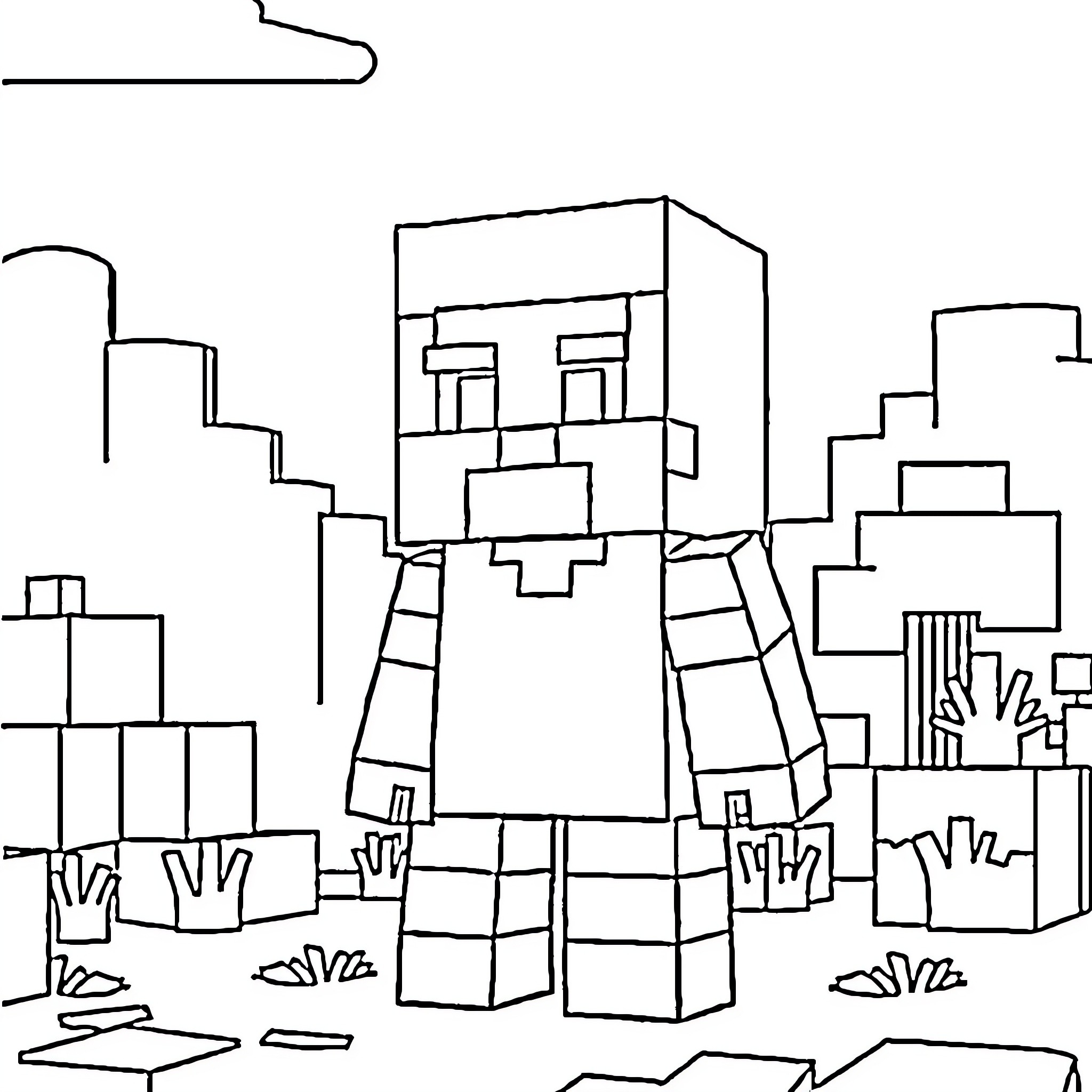 Steve exploring a blocky, pixelated landscape Coloring Page (free black-and-white line drawing printable PDF for all, from beginners to advanced learners, including children, teens, adults, and seniors)