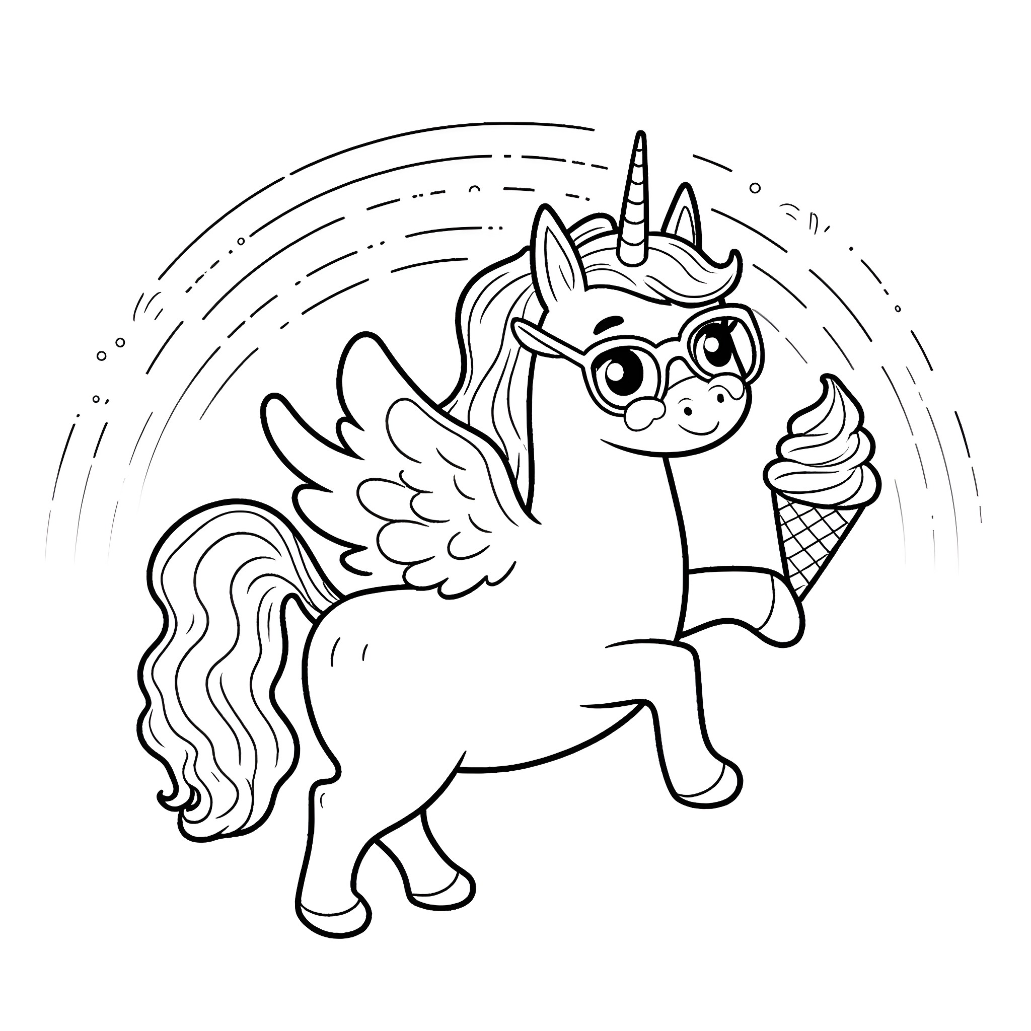 Unicorn enjoying an ice cream in a magical setting Coloring Page (free black-and-white line drawing printable PDF for all, from beginners to advanced learners, including children, teens, adults, and seniors)