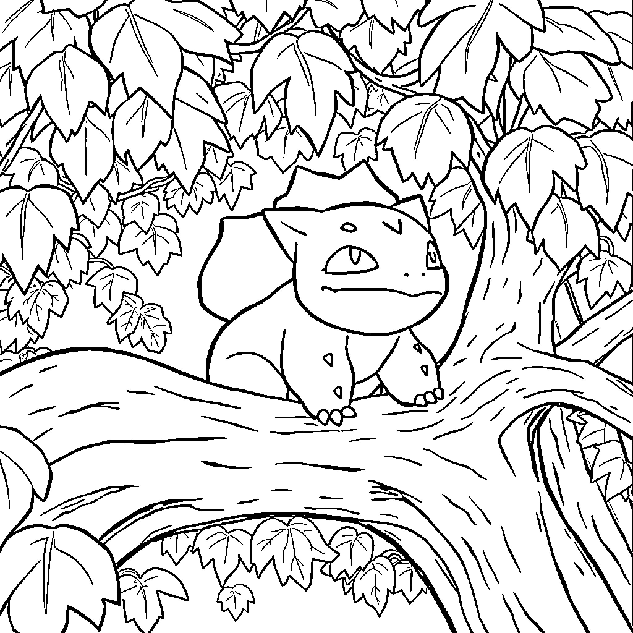 Bulbasaur resting in the foliage Coloring Page (free black-and-white line drawing printable PDF for all, from beginners to advanced learners, including children, teens, adults, and seniors)