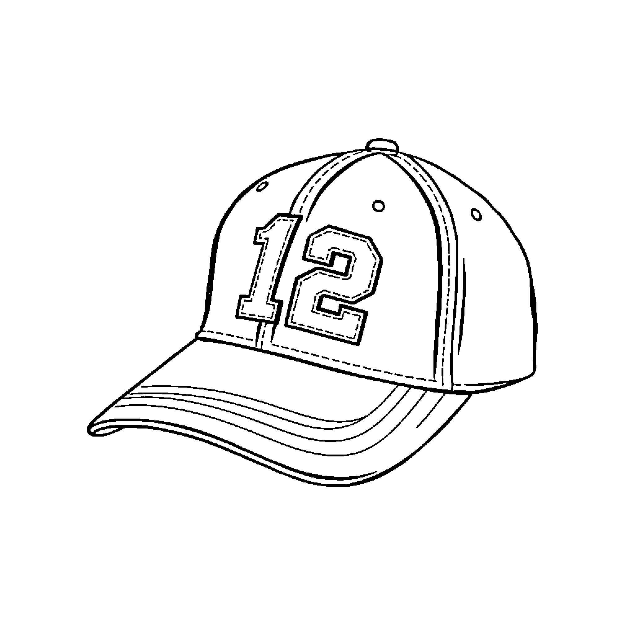 Baseball Cap with Number Twelve Design Coloring Page (free black-and-white line drawing printable PDF for all, from beginners to advanced learners, including children, teens, adults, and seniors)