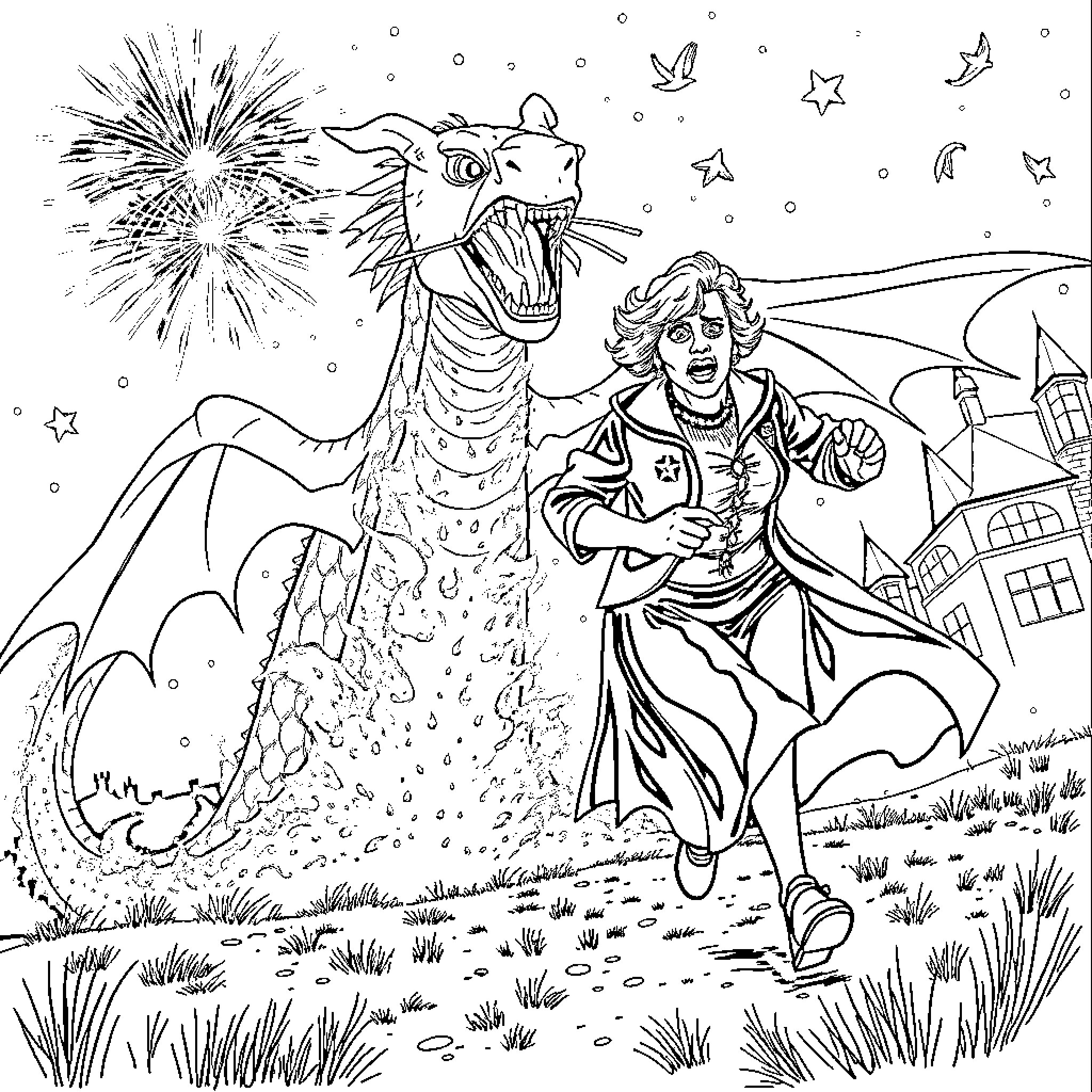 Dolores Umbridge battling a fearsome dragon in a magical landscape Coloring Page (free black-and-white line drawing printable PDF for all, from beginners to advanced learners, including children, teens, adults, and seniors)