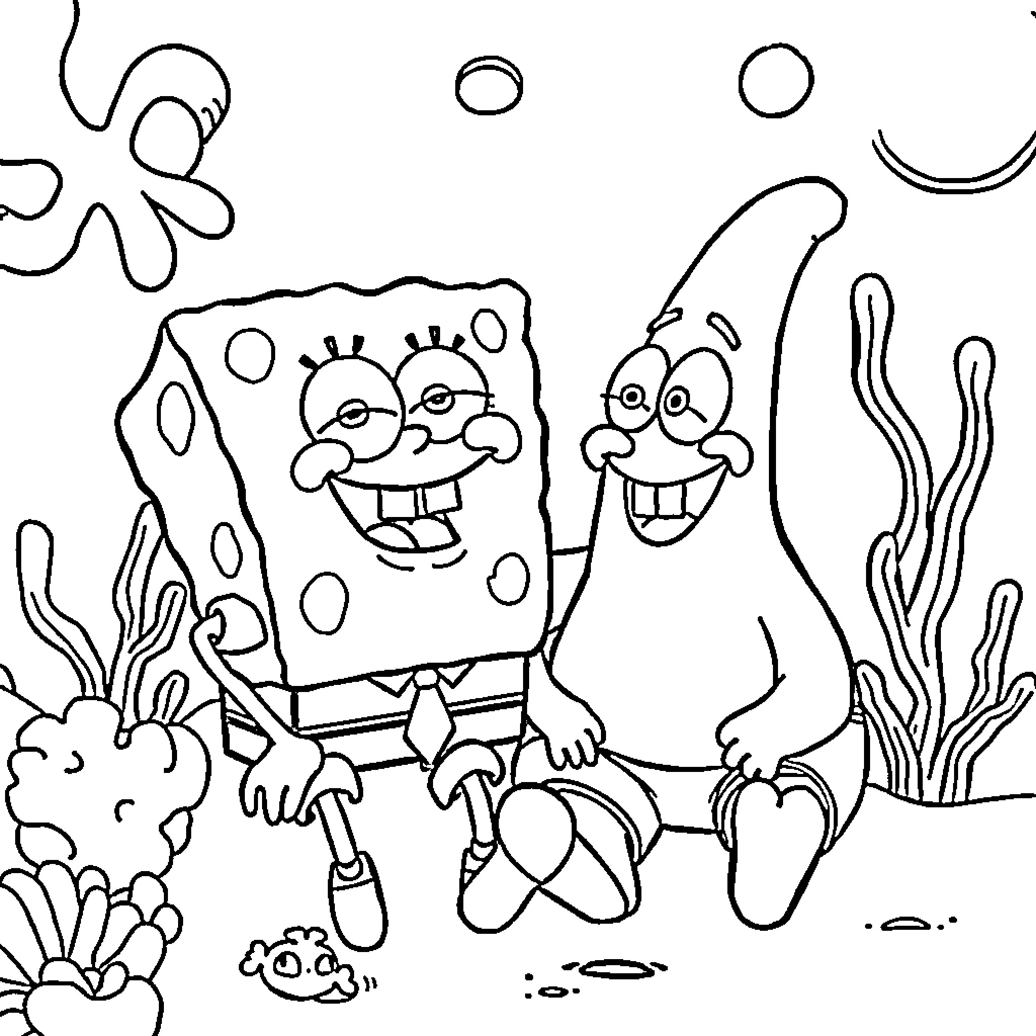 Spongebob and Patrick in playful underwater scene Coloring Page (free black-and-white line drawing printable PDF for all, from beginners to advanced learners, including children, teens, adults, and seniors)
