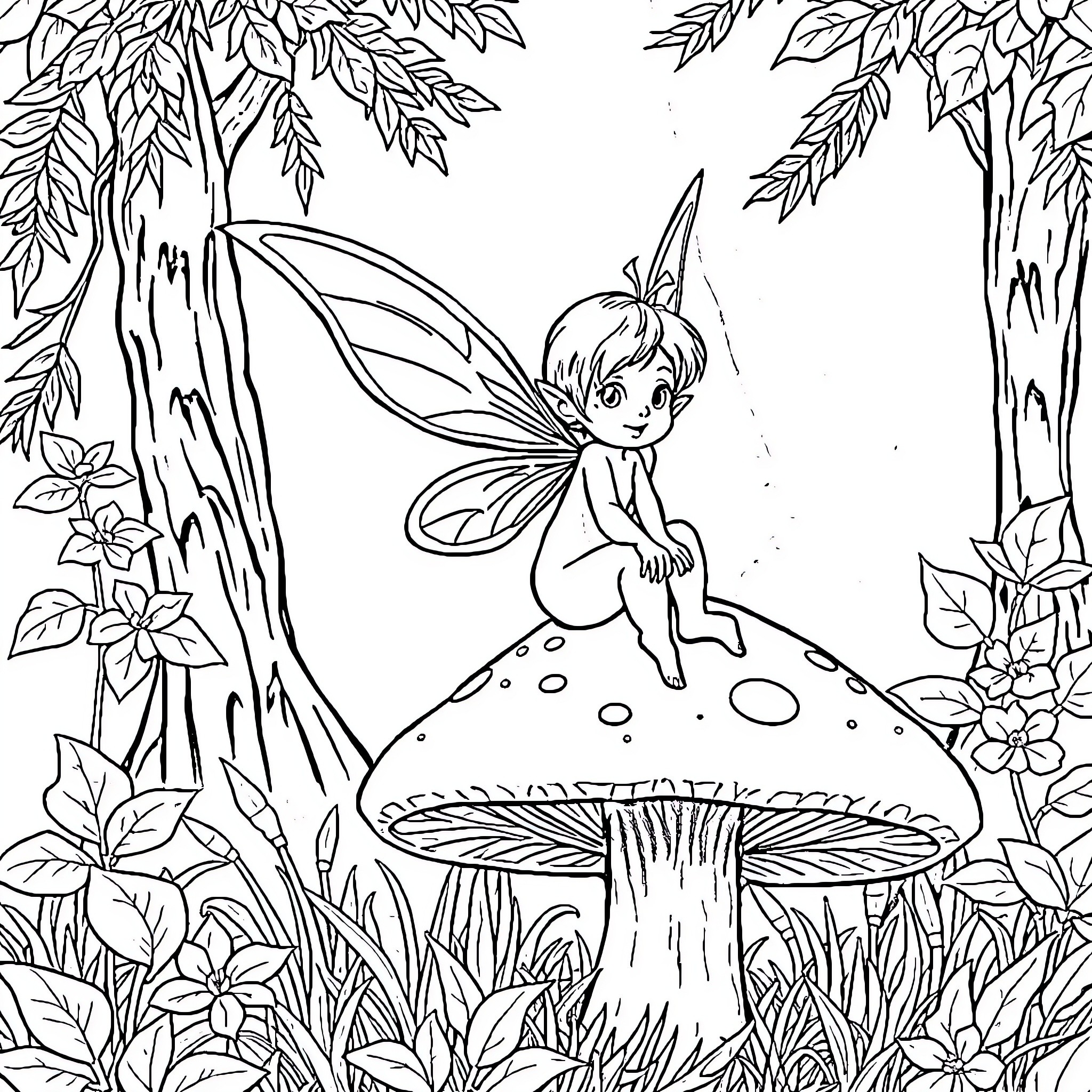 Pixie Fairy Resting on Mushroom in Enchanted Forest Coloring Page (free black-and-white line drawing printable PDF for all, from beginners to advanced learners, including children, teens, adults, and seniors)