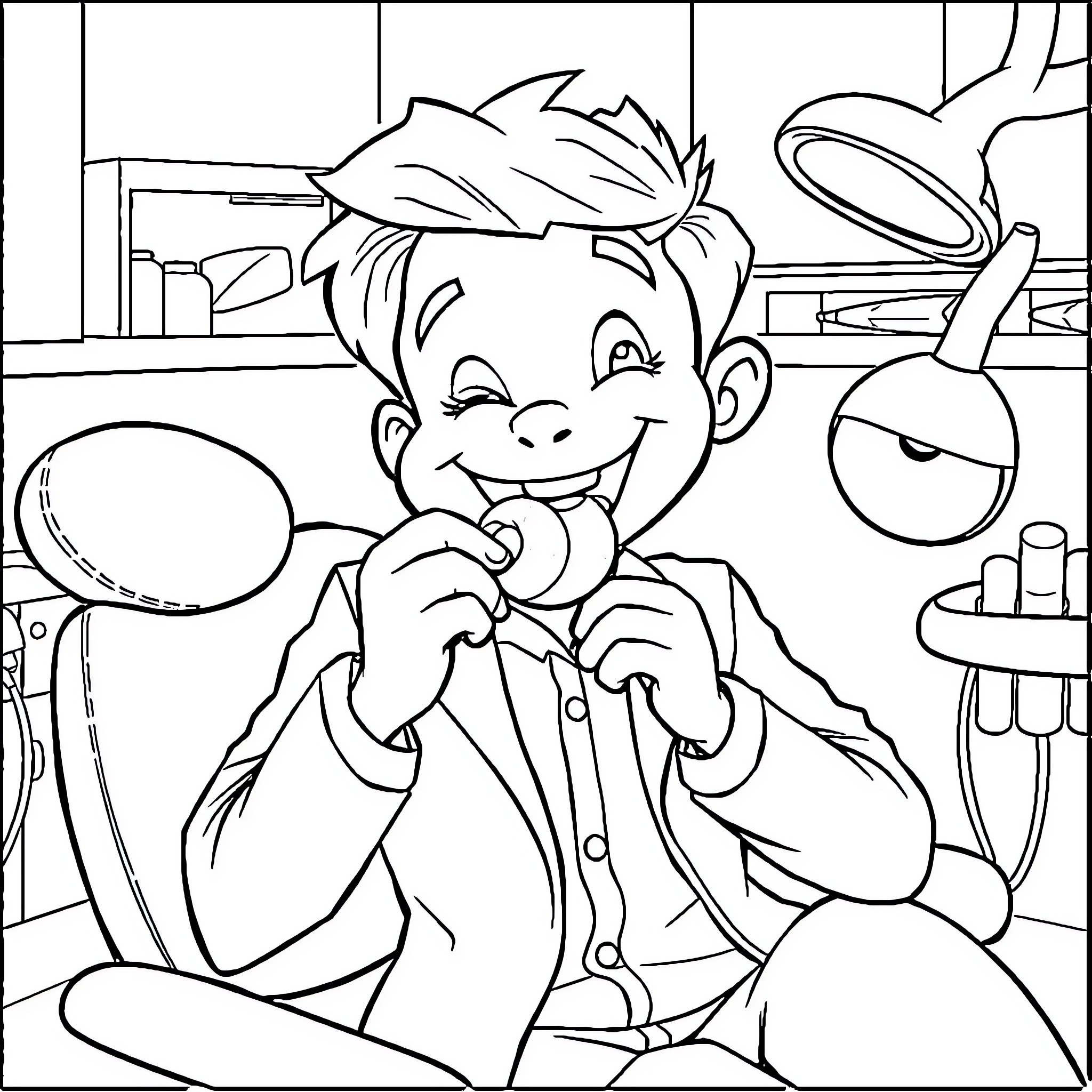 Dentist examining patient's teeth with enthusiasm Coloring Page (free black-and-white line drawing printable PDF for all, from beginners to advanced learners, including children, teens, adults, and seniors)