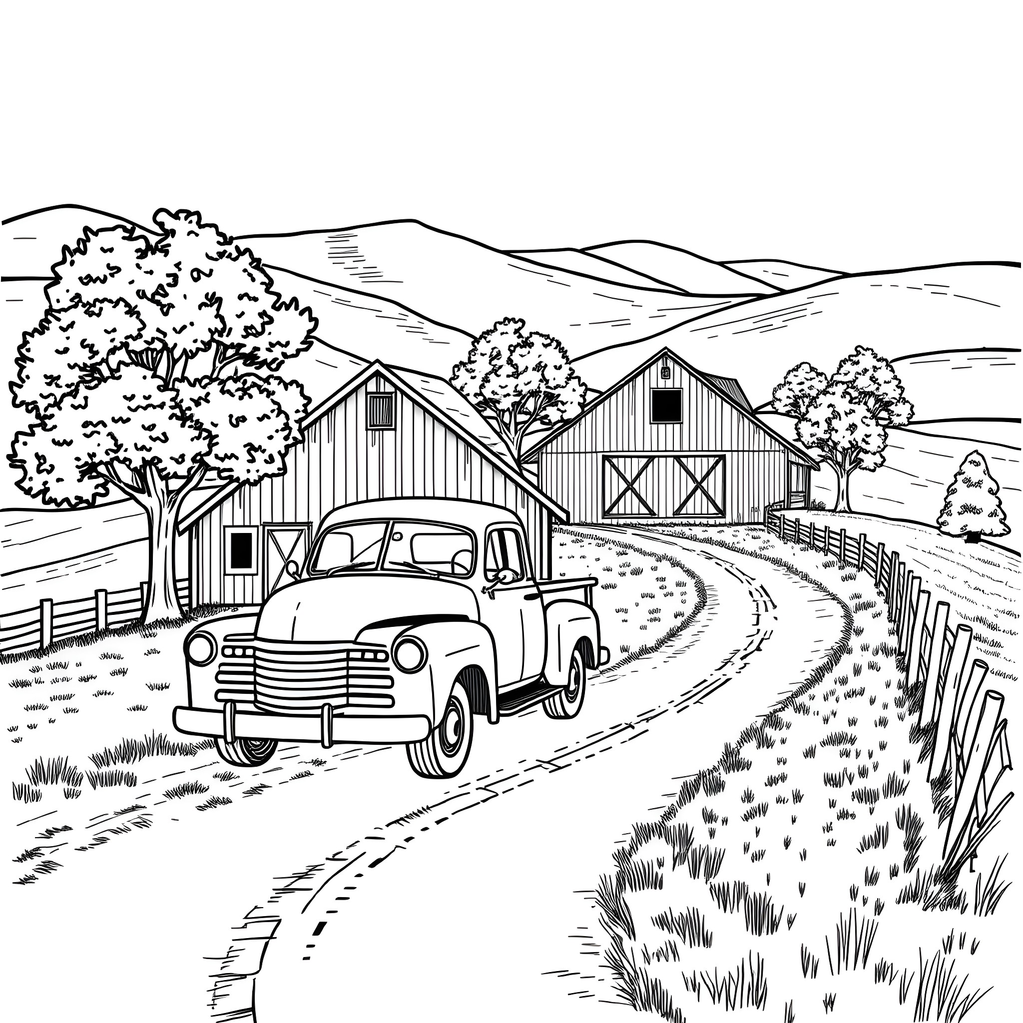Truck driving on a rural road past barns Coloring Page (free black-and-white line drawing printable PDF for all, from beginners to advanced learners, including children, teens, adults, and seniors)