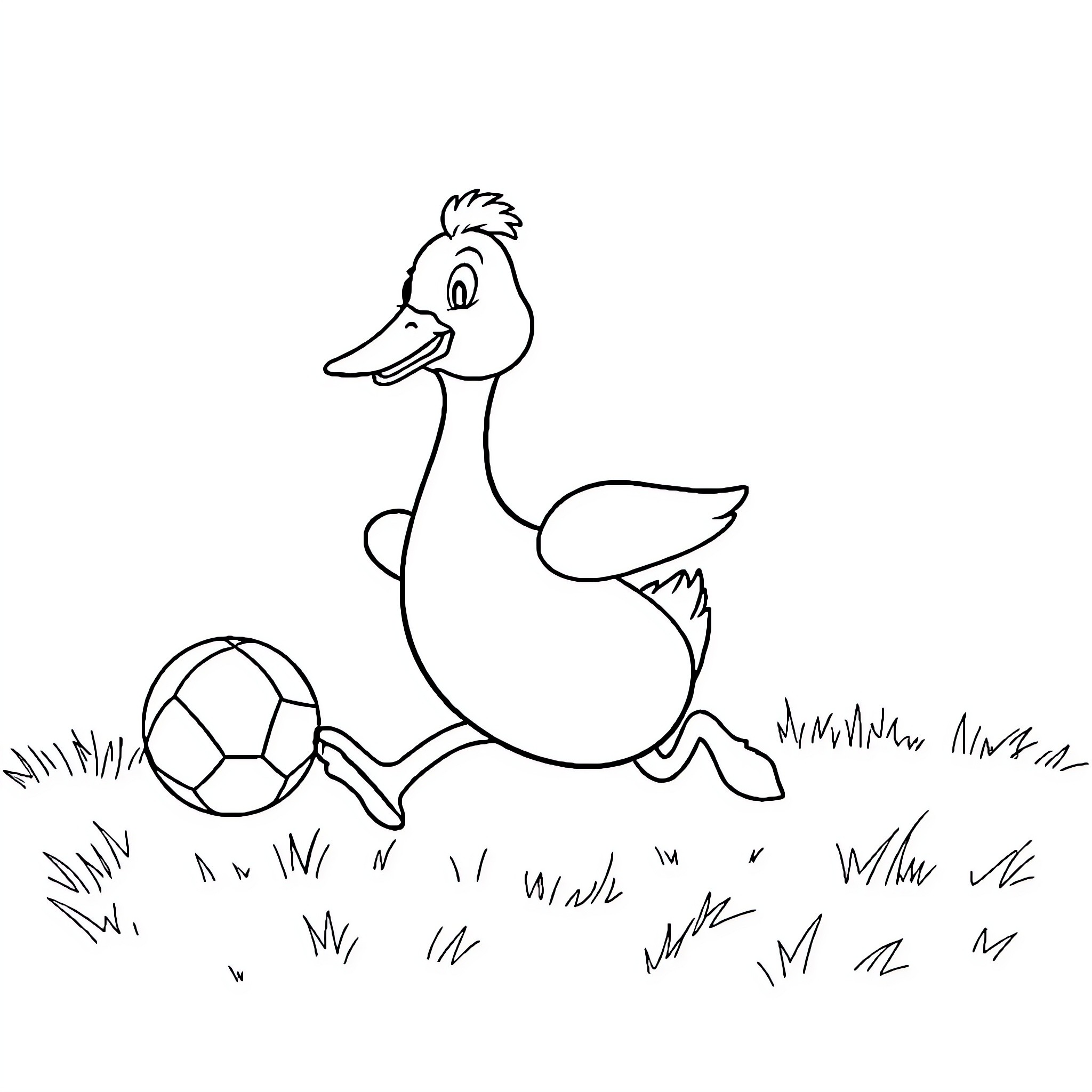 Duck playing with soccer ball in the park Coloring Page (free black-and-white line drawing printable PDF for all, from beginners to advanced learners, including children, teens, adults, and seniors)