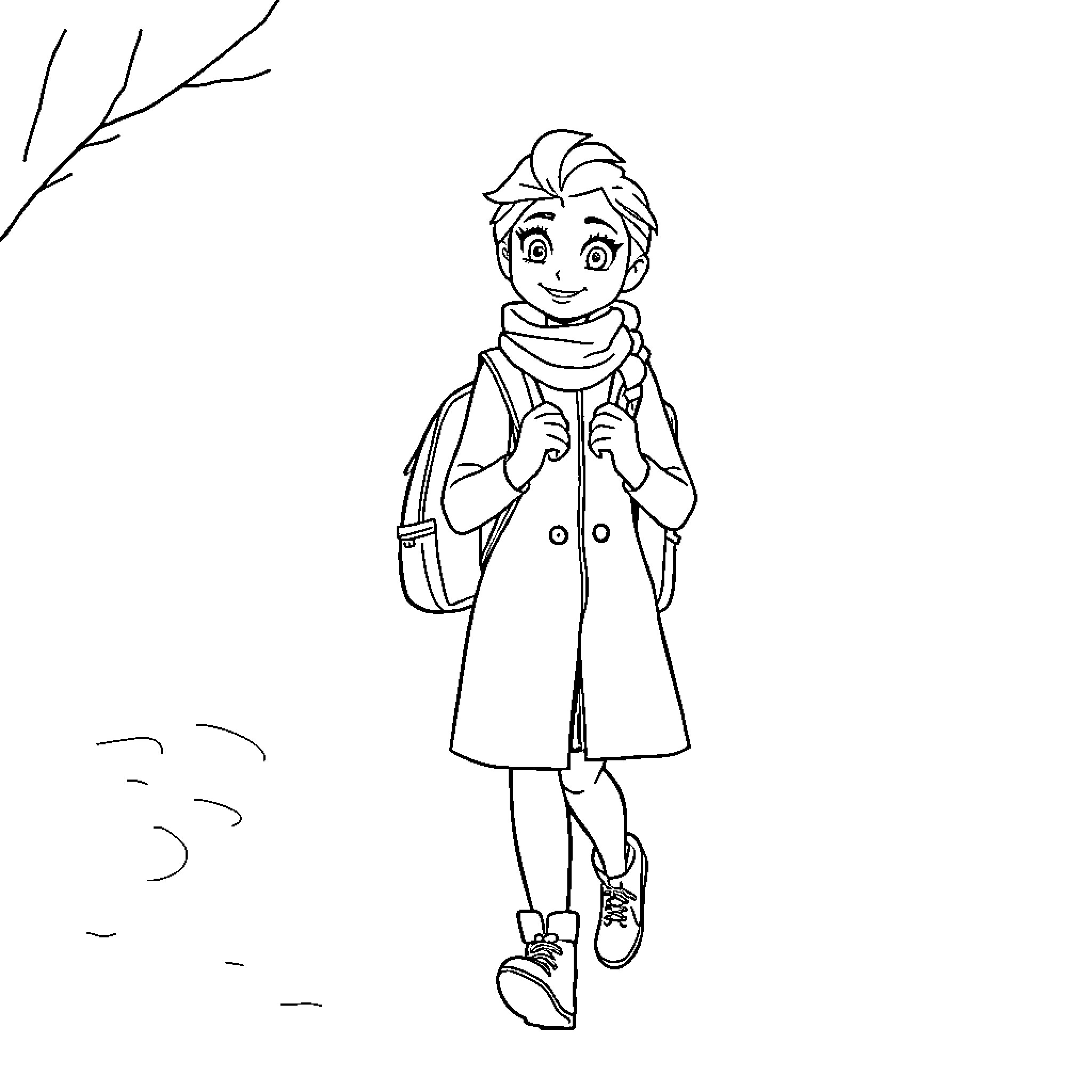 Elsa's Adventurous Stroll Coloring Page (free black-and-white line drawing printable PDF for all, from beginners to advanced learners, including children, teens, adults, and seniors)