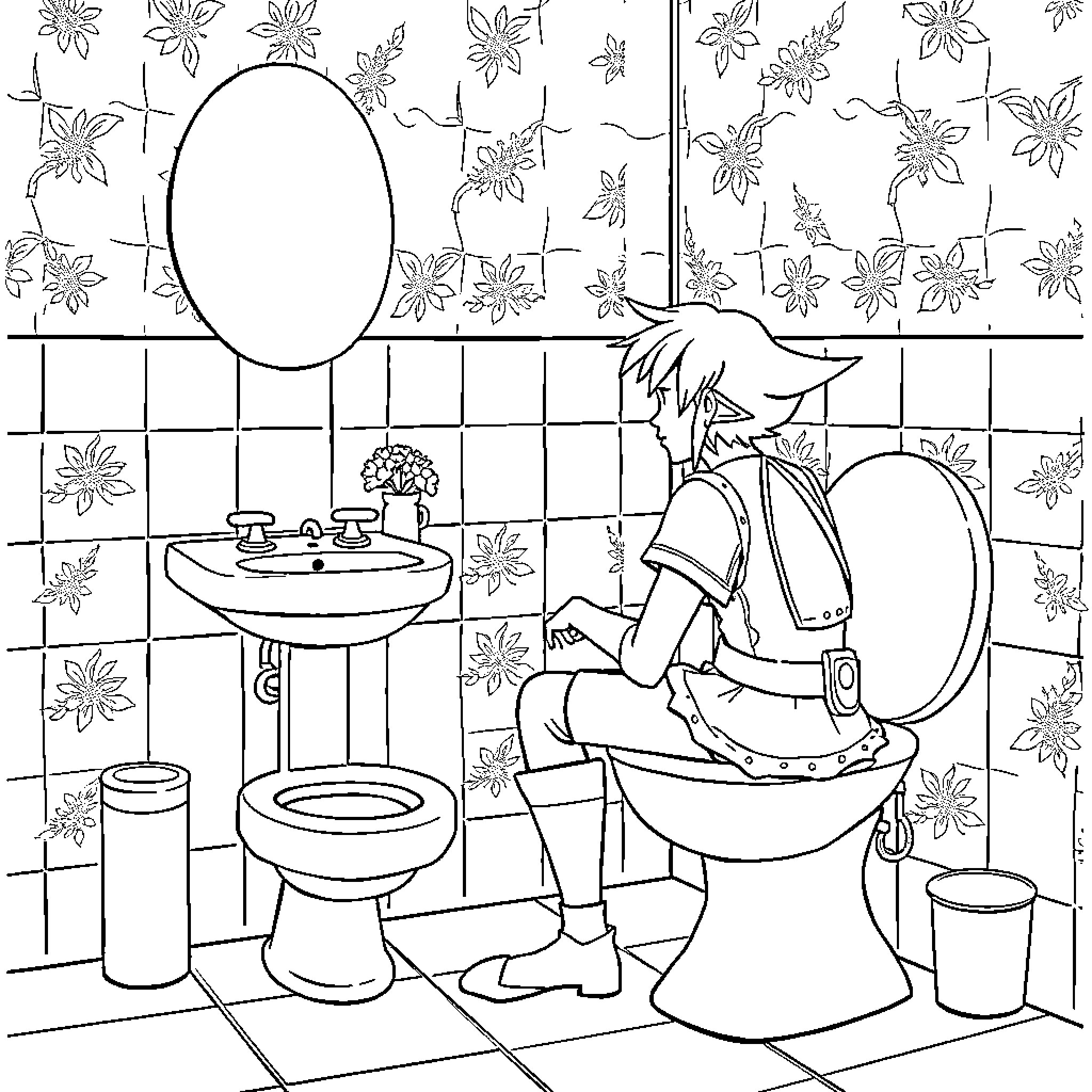 Link Sitting Thoughtfully in a Bathroom Coloring Page (free black-and-white line drawing printable PDF for all, from beginners to advanced learners, including children, teens, adults, and seniors)